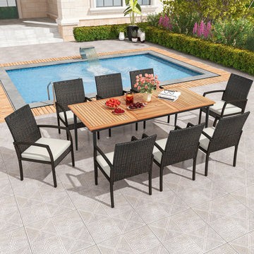 Costway 9-Piece Patio Dining Set w/ Umbrella Hole & 8 Rattan Dining Chairs Cushions 76345892 New