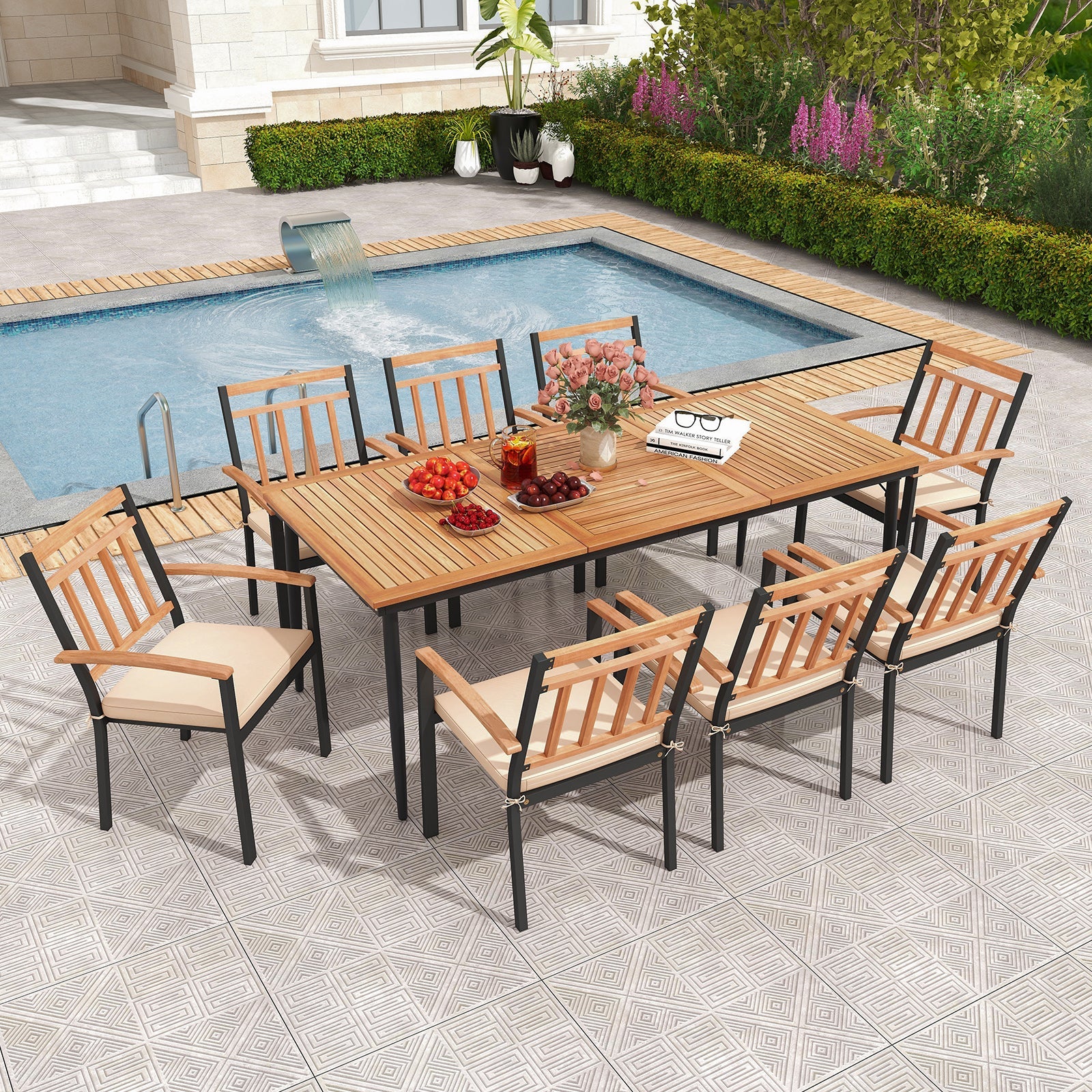 Costway 9-Piece Patio Dining Set w/ 8 Wooden Armchairs 58629714 New