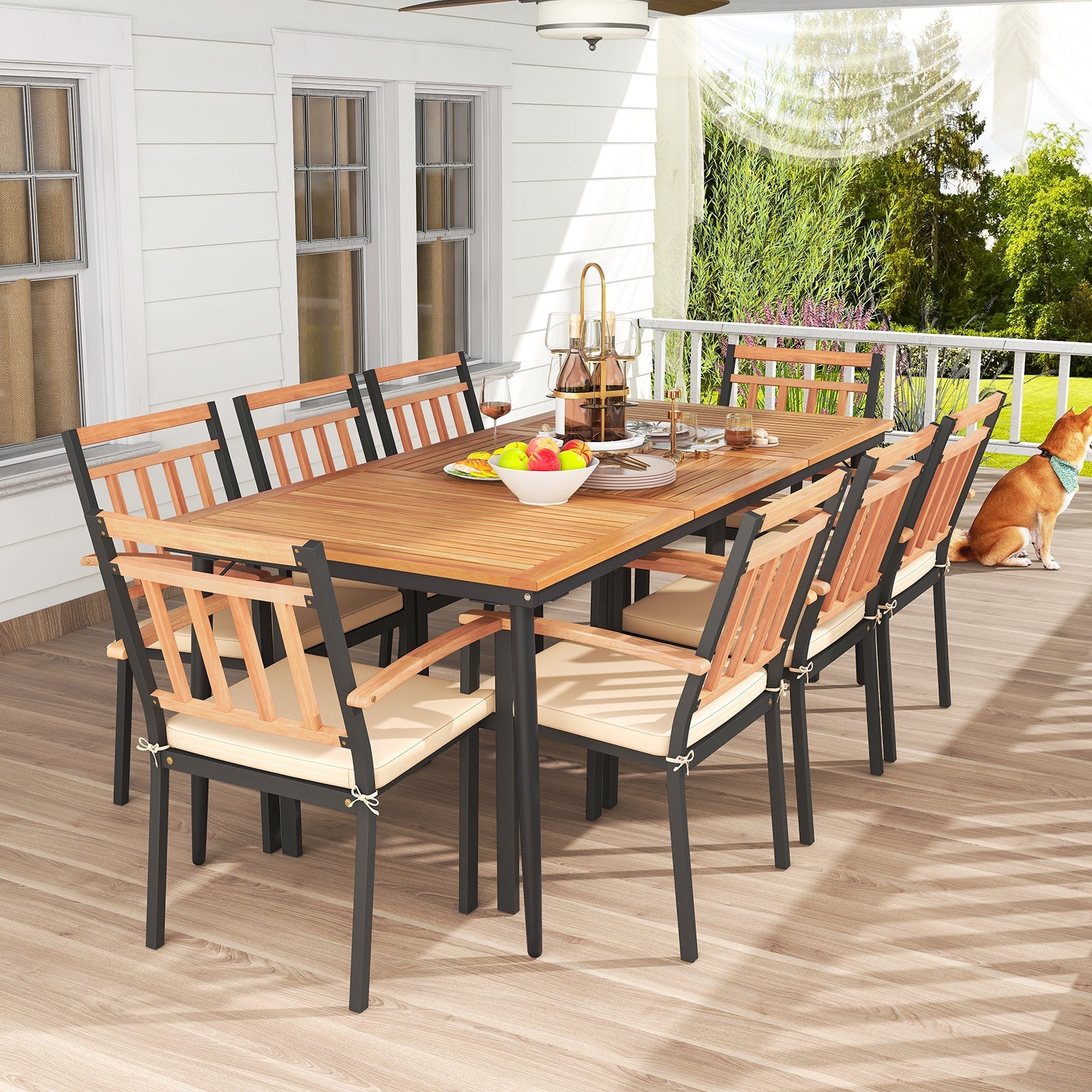 Costway 9-Piece Patio Dining Set w/ 8 Wooden Armchairs 58629714 New