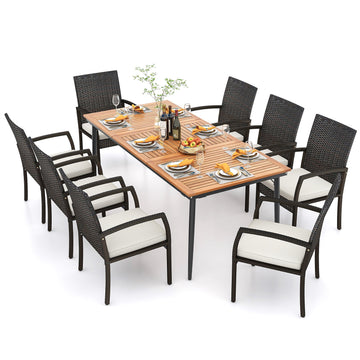 Costway 9-Piece Patio Dining Set w/ Umbrella Hole & 8 Rattan Dining Chairs Cushions 76345892 New
