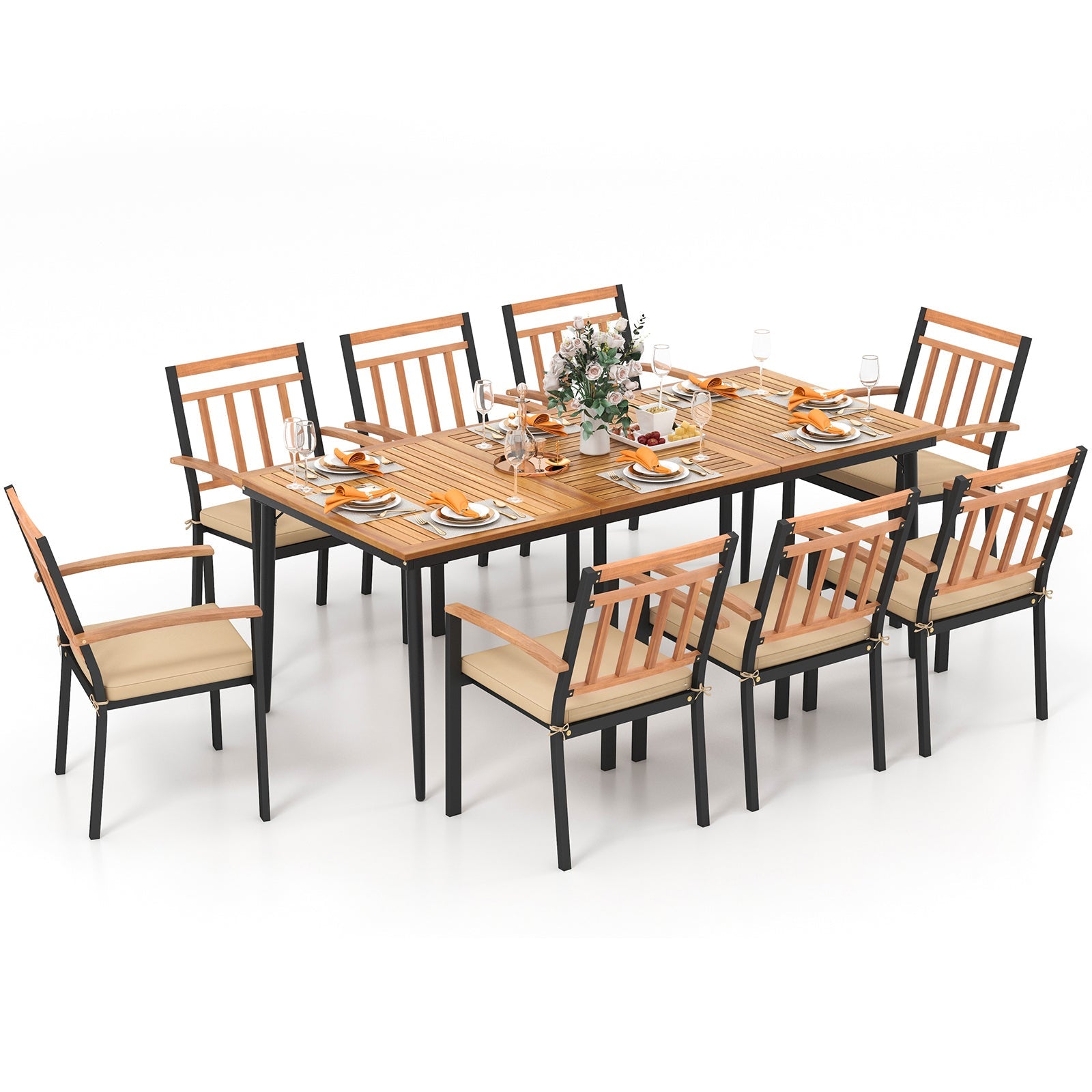 Costway 9-Piece Patio Dining Set w/ 8 Wooden Armchairs 58629714 New