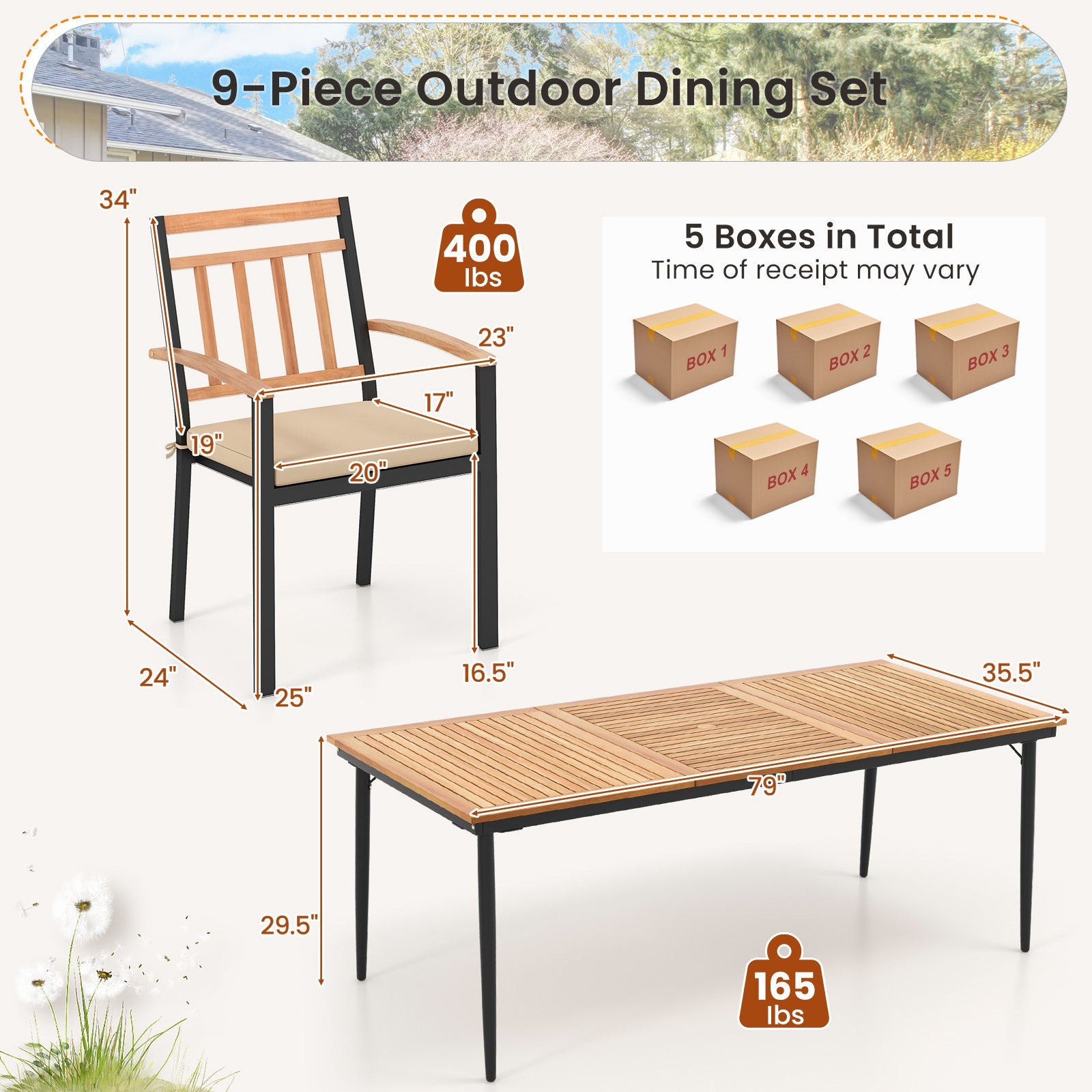 Costway 9-Piece Patio Dining Set w/ 8 Wooden Armchairs 58629714 New