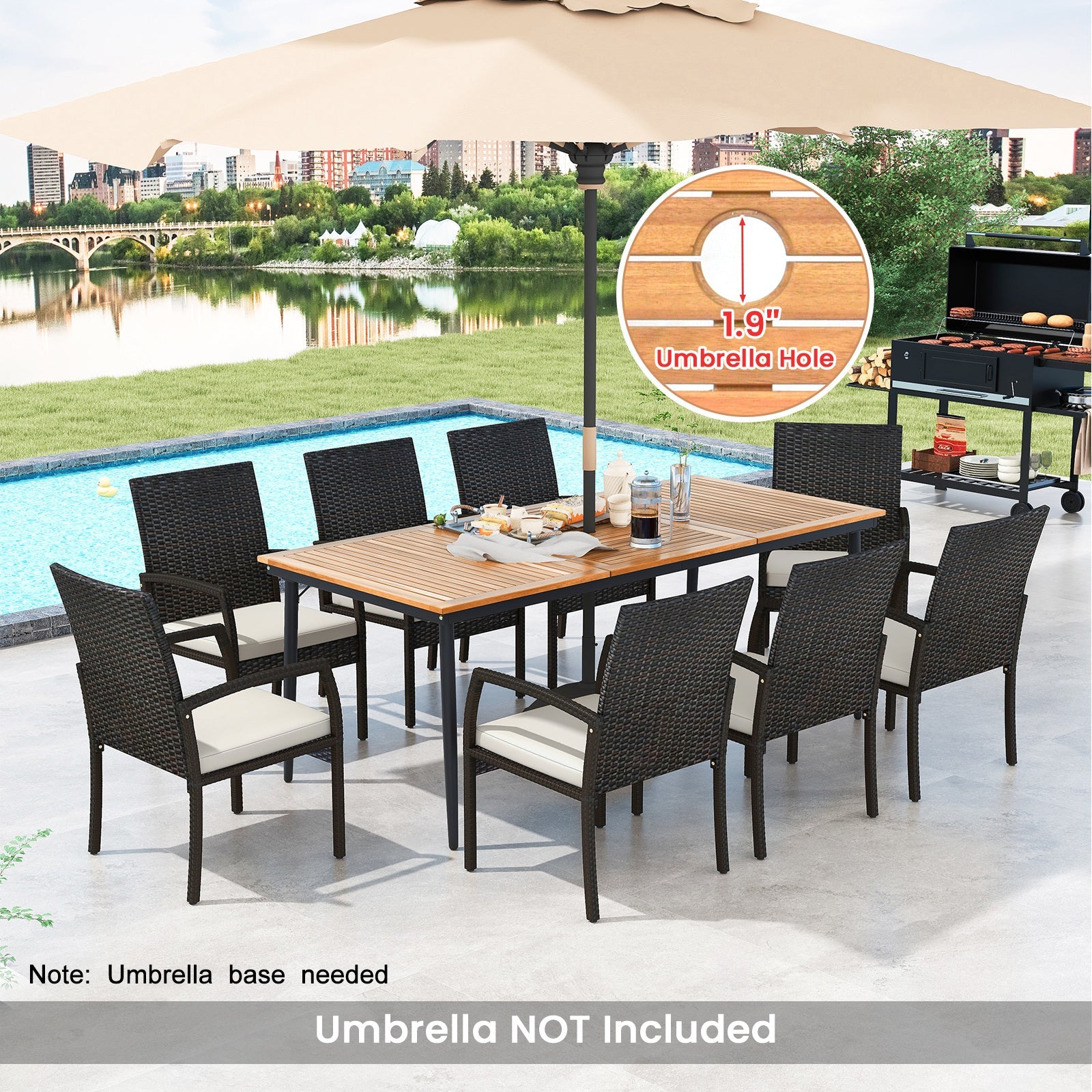Costway 9-Piece Patio Dining Set w/ Umbrella Hole & 8 Rattan Dining Chairs Cushions 76345892 New
