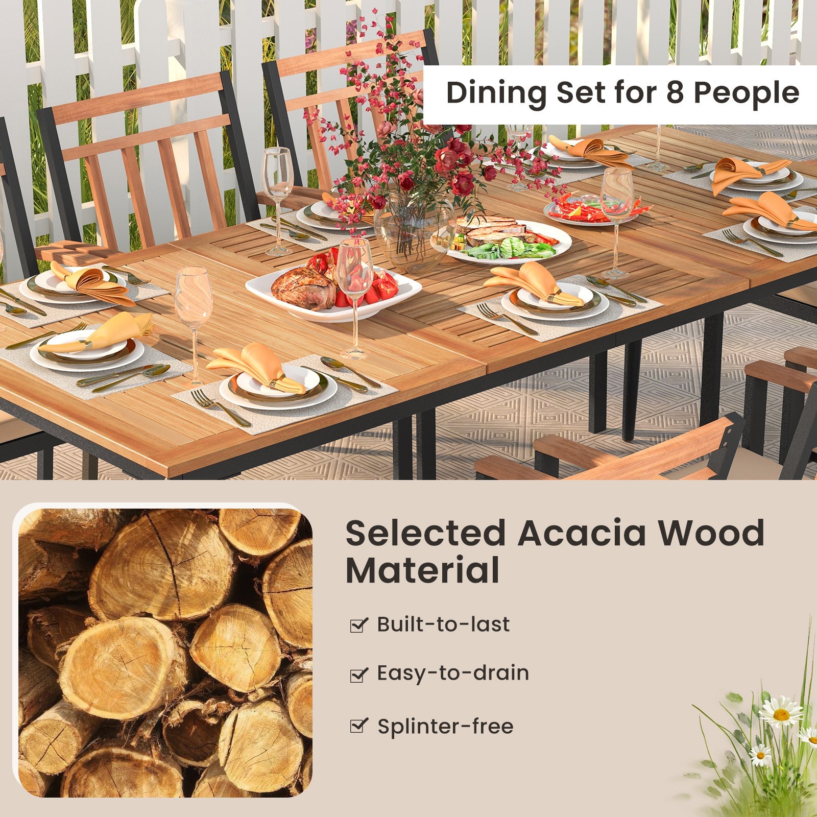 Costway 9-Piece Patio Dining Set w/ 8 Wooden Armchairs 58629714 New