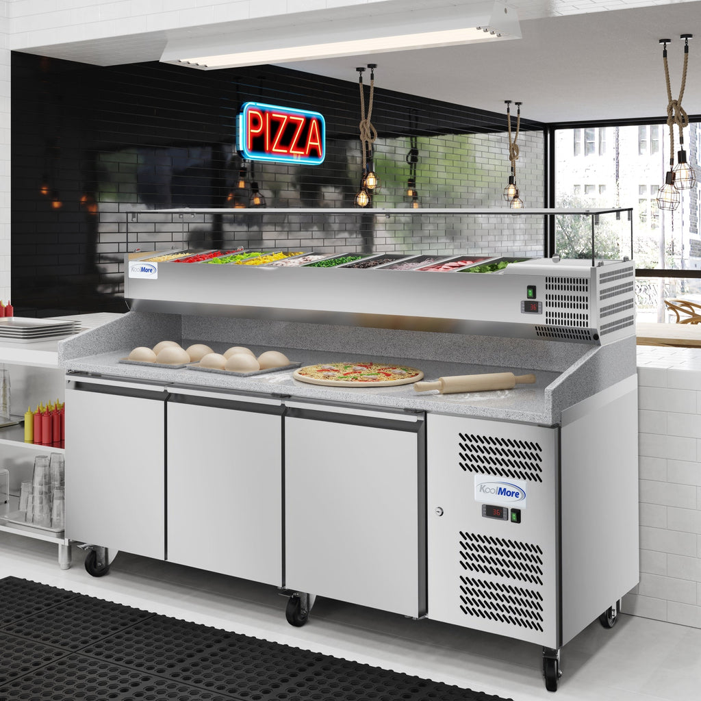 79 in. Three-Door Commercial Refrigerated Granite Top Pizza Prep Station With a Refrigerated Stainless-Steel Condiment Pan Holder