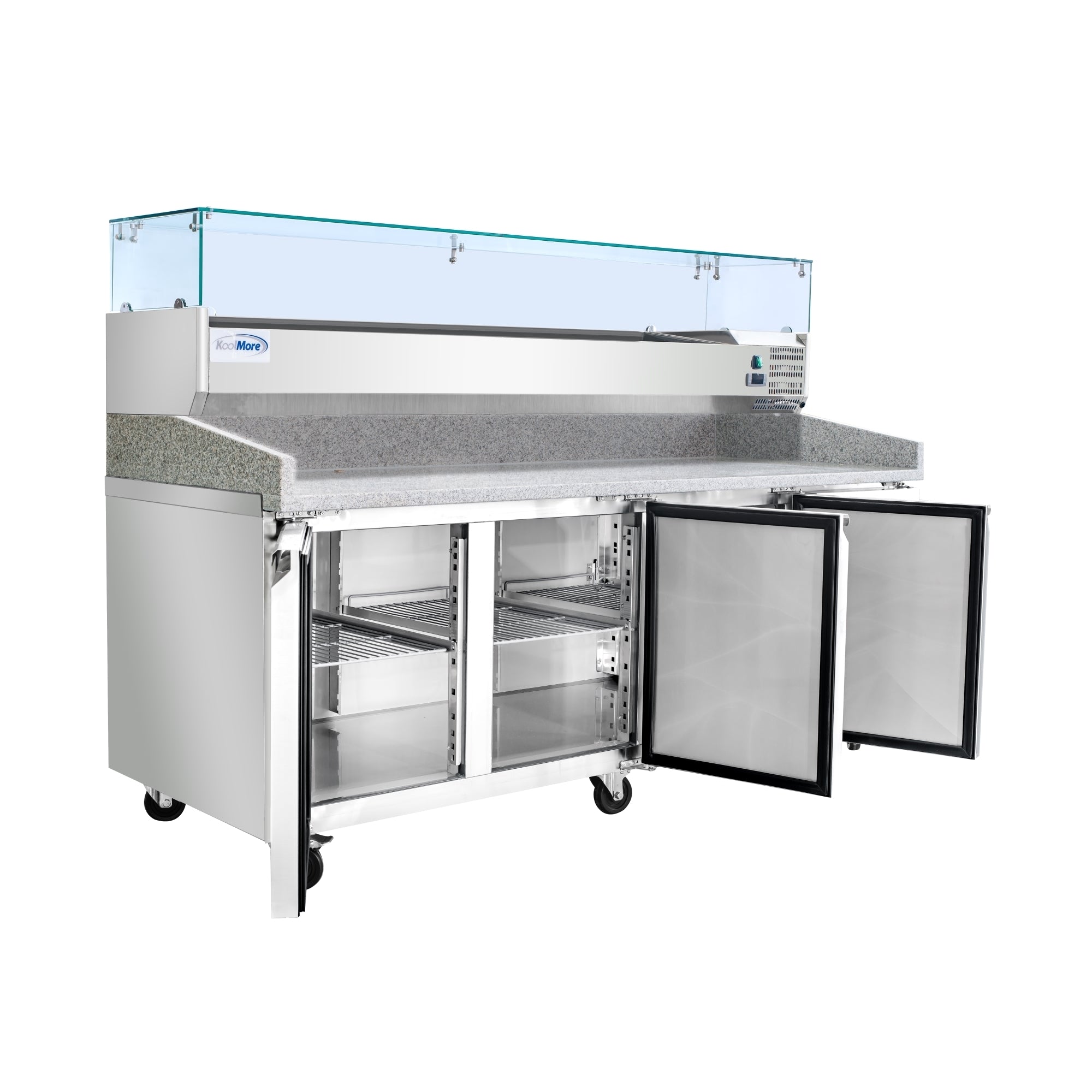 79 in. Three-Door Commercial Refrigerated Granite Top Pizza Prep Station With a Refrigerated Stainless-Steel Condiment Pan Holder
