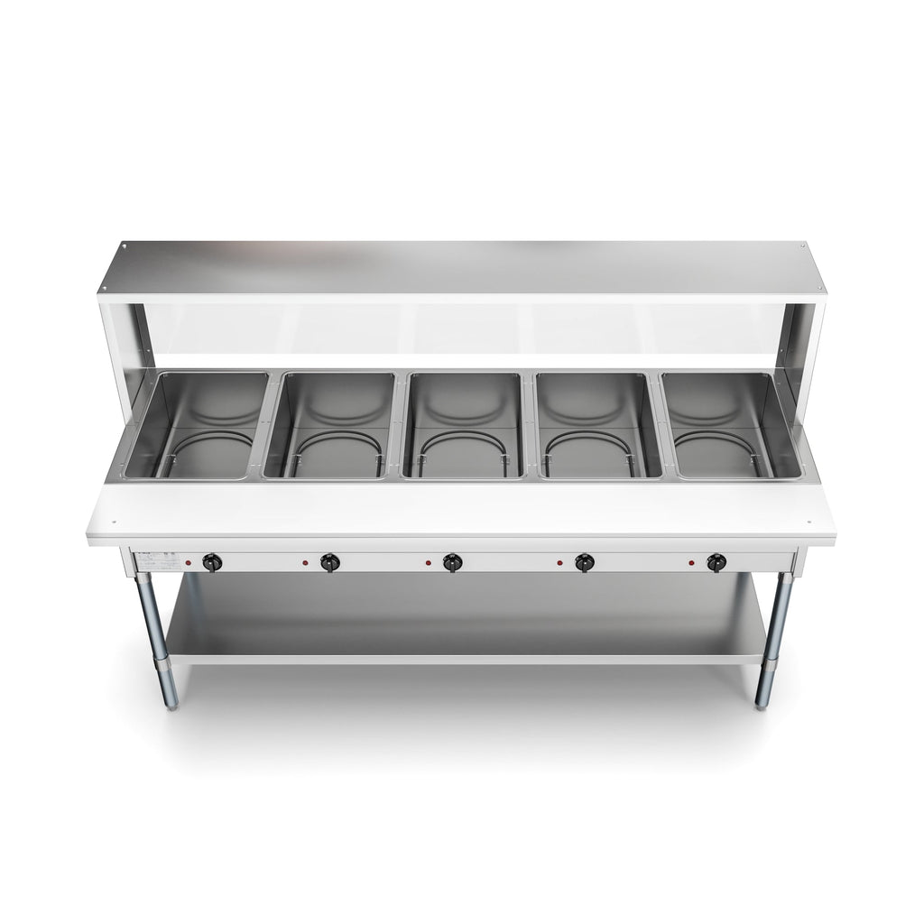 Five Pan Open Well Electric Steam Table with Undershelf and Sneeze-Guard, 240V