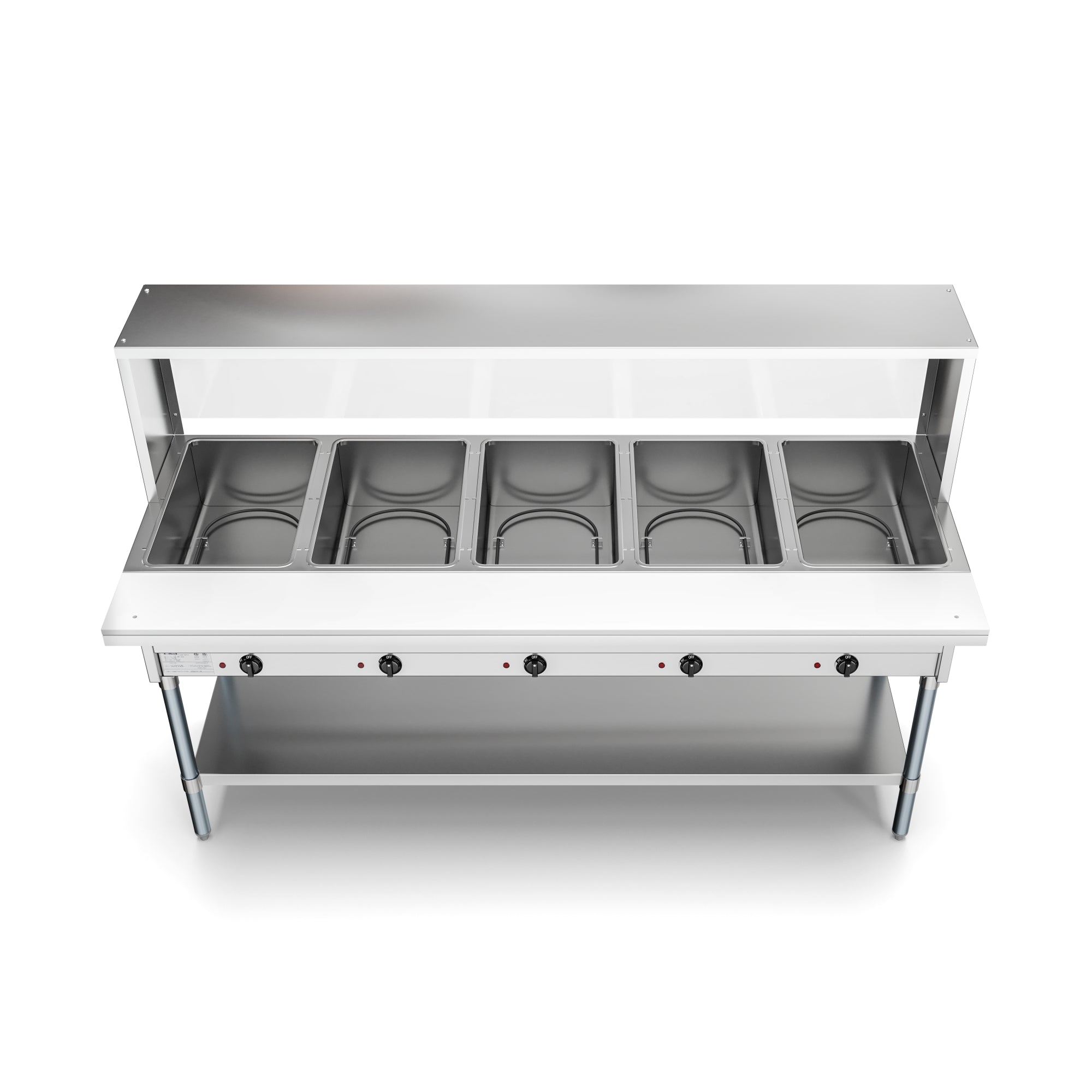 Five Pan Open Well Electric Steam Table with Undershelf and Sneeze-Guard, 240V