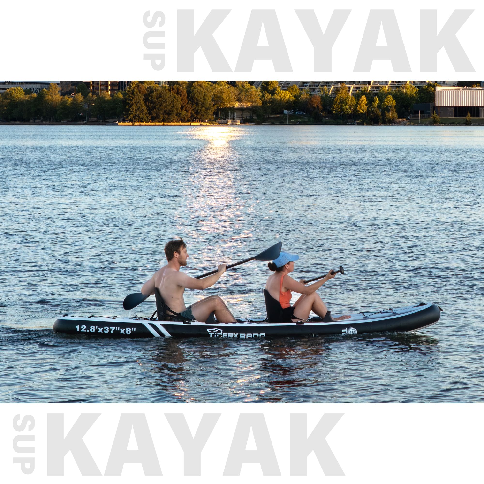 TIGERXBANG 12'8" Inflatable Tandem Kayak, Fishing & Touring, 2 Seats, Adjustable Paddle, Perfect for Family Adventures & Fishing, Includes Backpack & Repair Kit