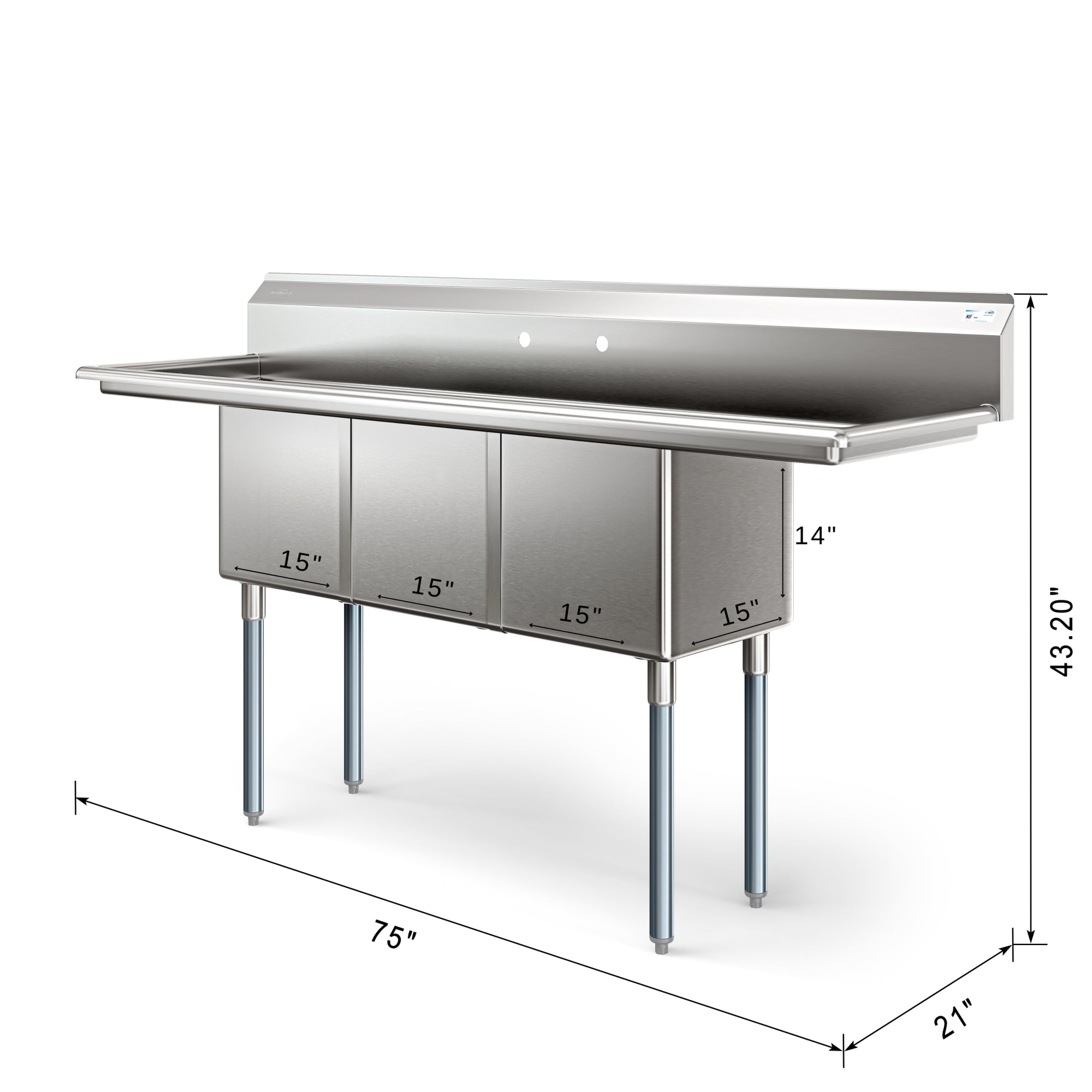 75 in Three Compartment Commercial Sink, Bowl Size 15x15x14, 18 Gauge Stainless-Steel with 2 Drainboards