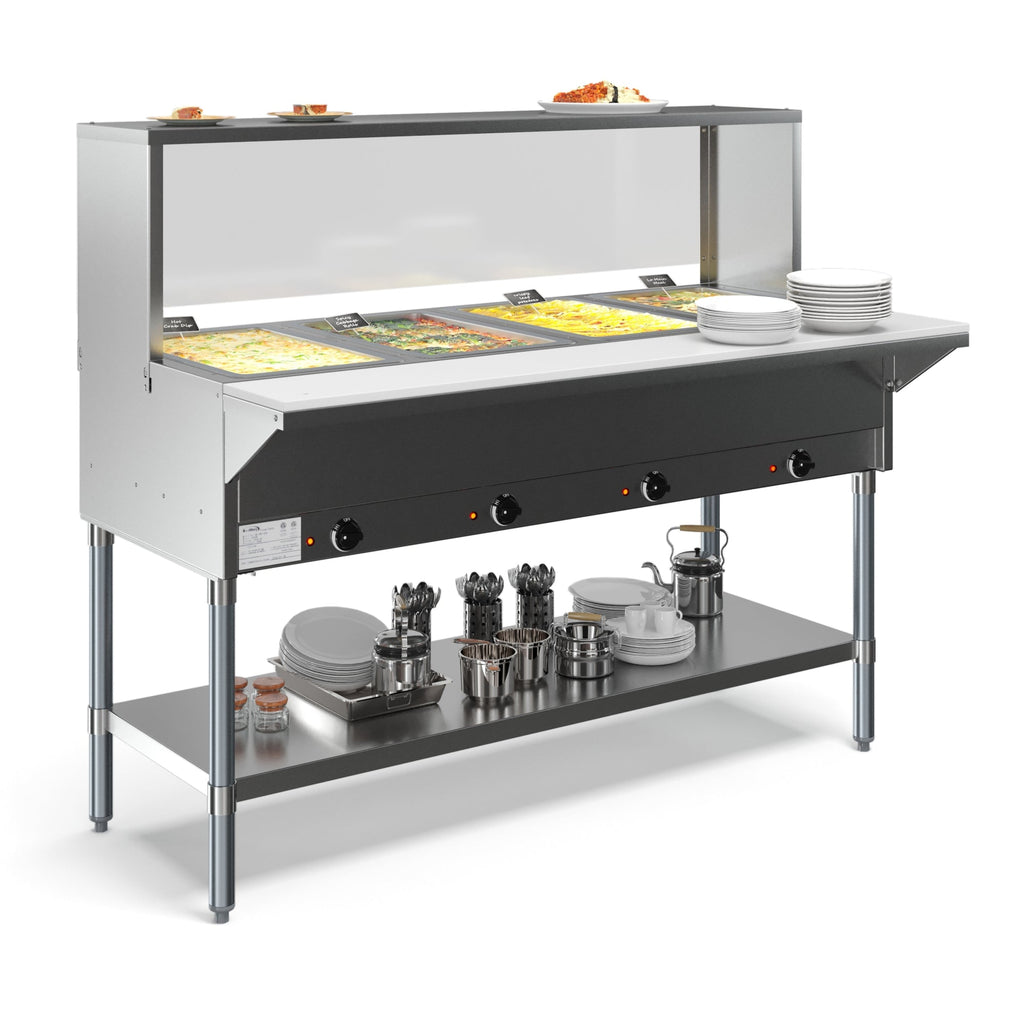 Four Pan Open Well Electric Steam Table with Undershelf and Sneeze-Guard