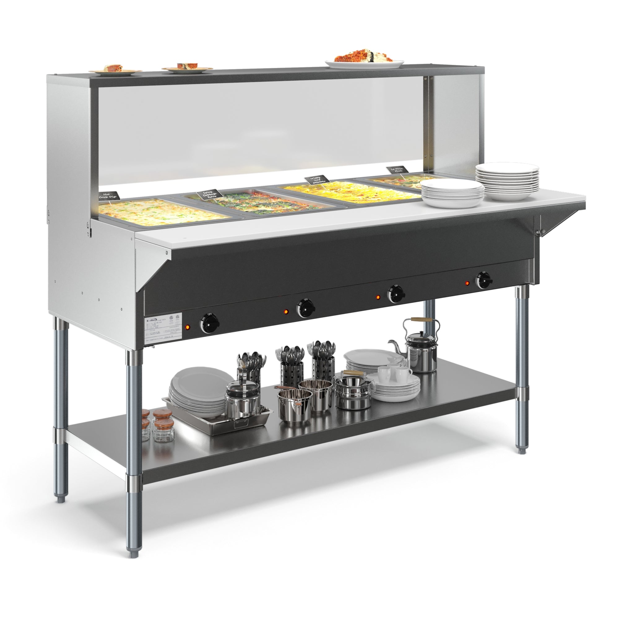 Four Pan Open Well Electric Steam Table with Undershelf and Sneeze-Guard