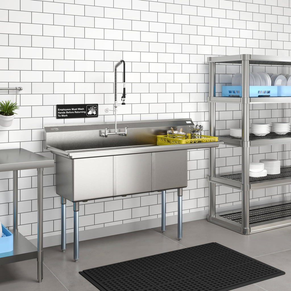 63 in. Three Compartment Commercial Sink, Bowl Size 15x15x14, 18-Gauge Stainless-Steel with Right Drainboard