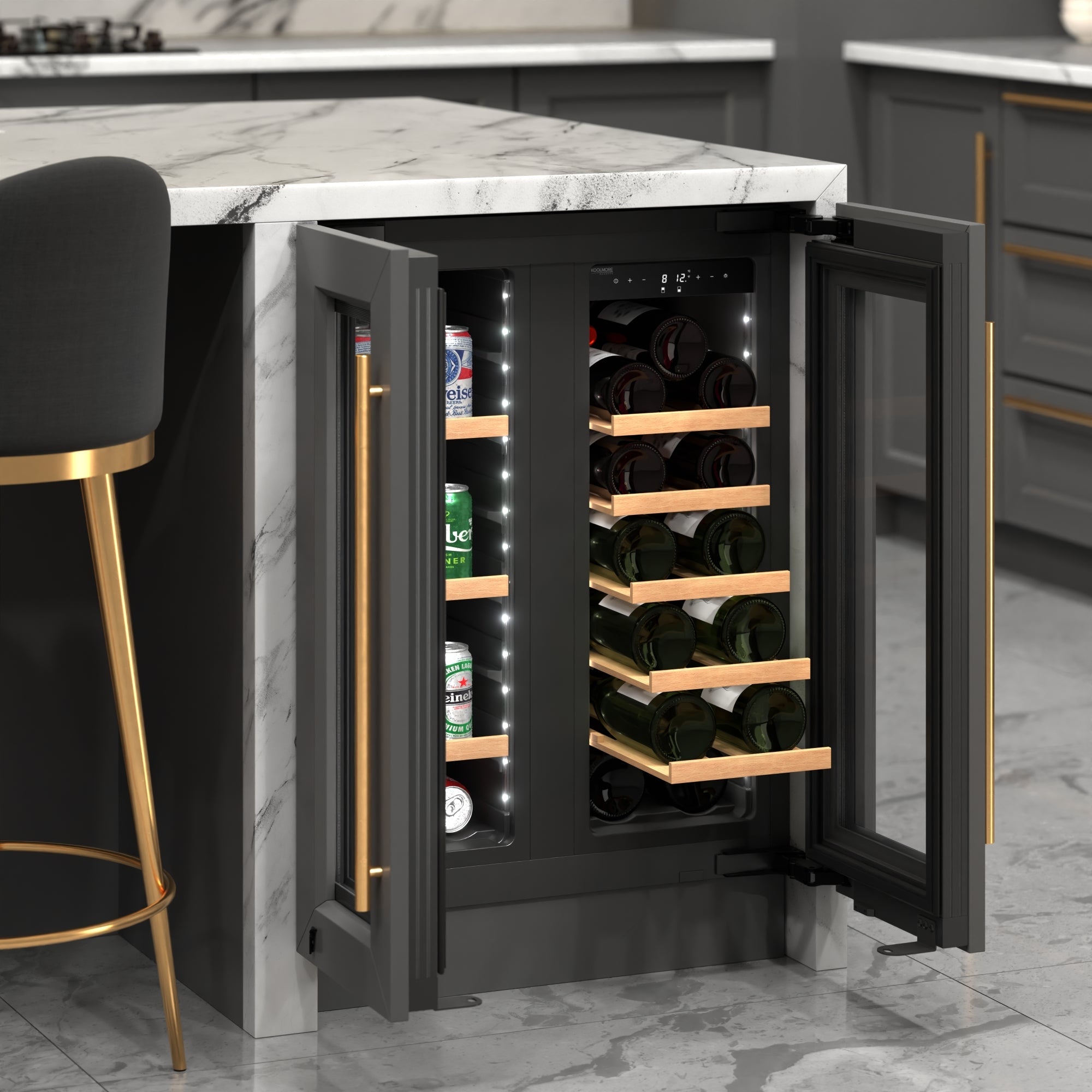 KoolMore Reserve 24 in. French Door Dual Zone Panel Ready Under-Counter Cooler with Wooden Shelves and 20 Bottle Capacity in the Right Zone and 2.1 Cu. Ft. on the Left in Black