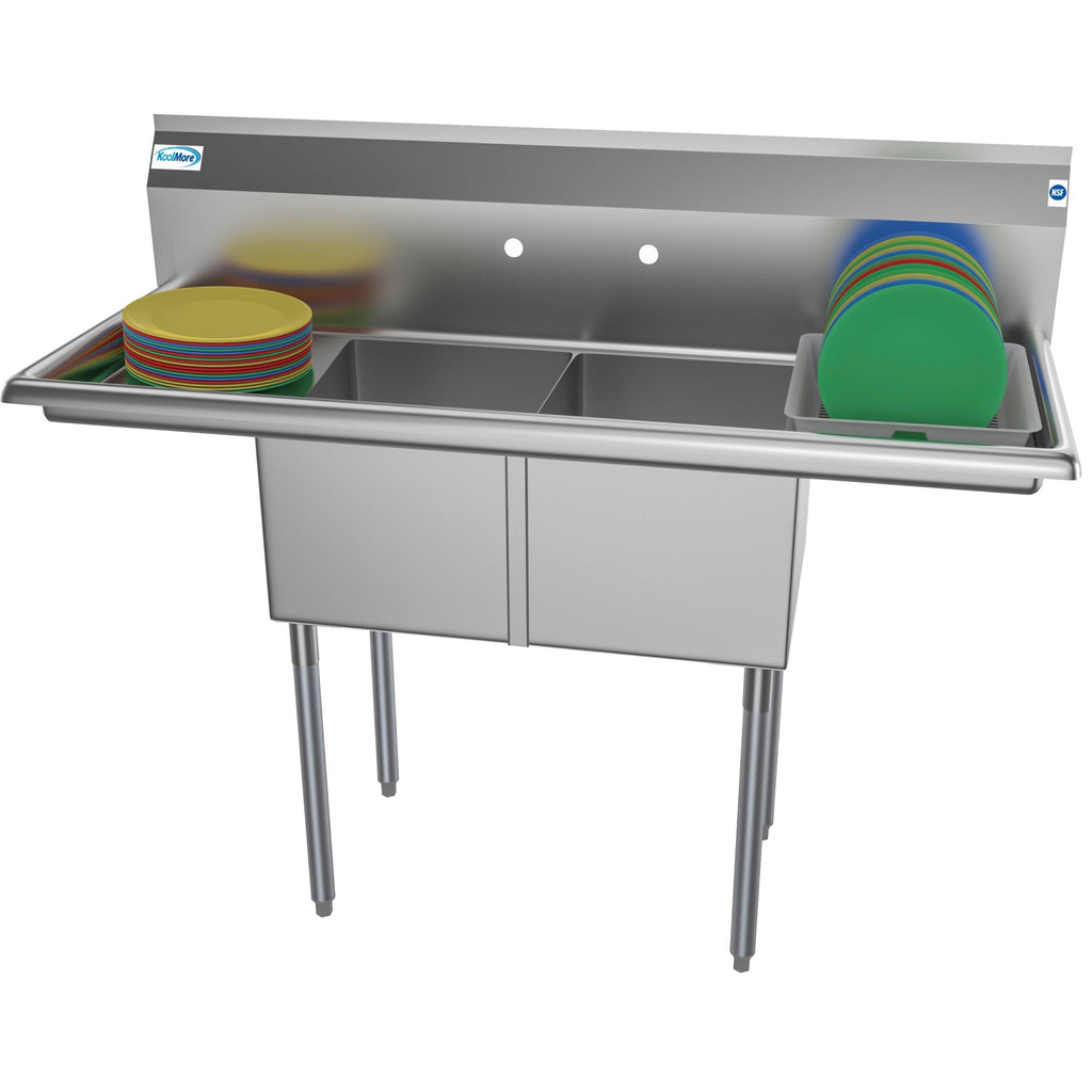52 in. Two Compartment Stainless Steel Commercial Sink with 2 Drainboards, Bowl Size 14"x 16"x 11"