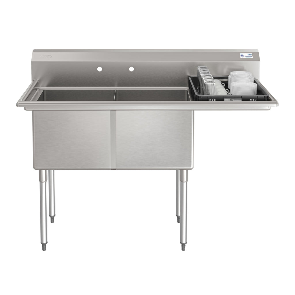57 in. 18-Gauge 2-Compartment Commercial Sink with Backsplash and 18 in. Right Drainboard, Bowl Dimensions 18"x18"x14" in Stainless-Steel