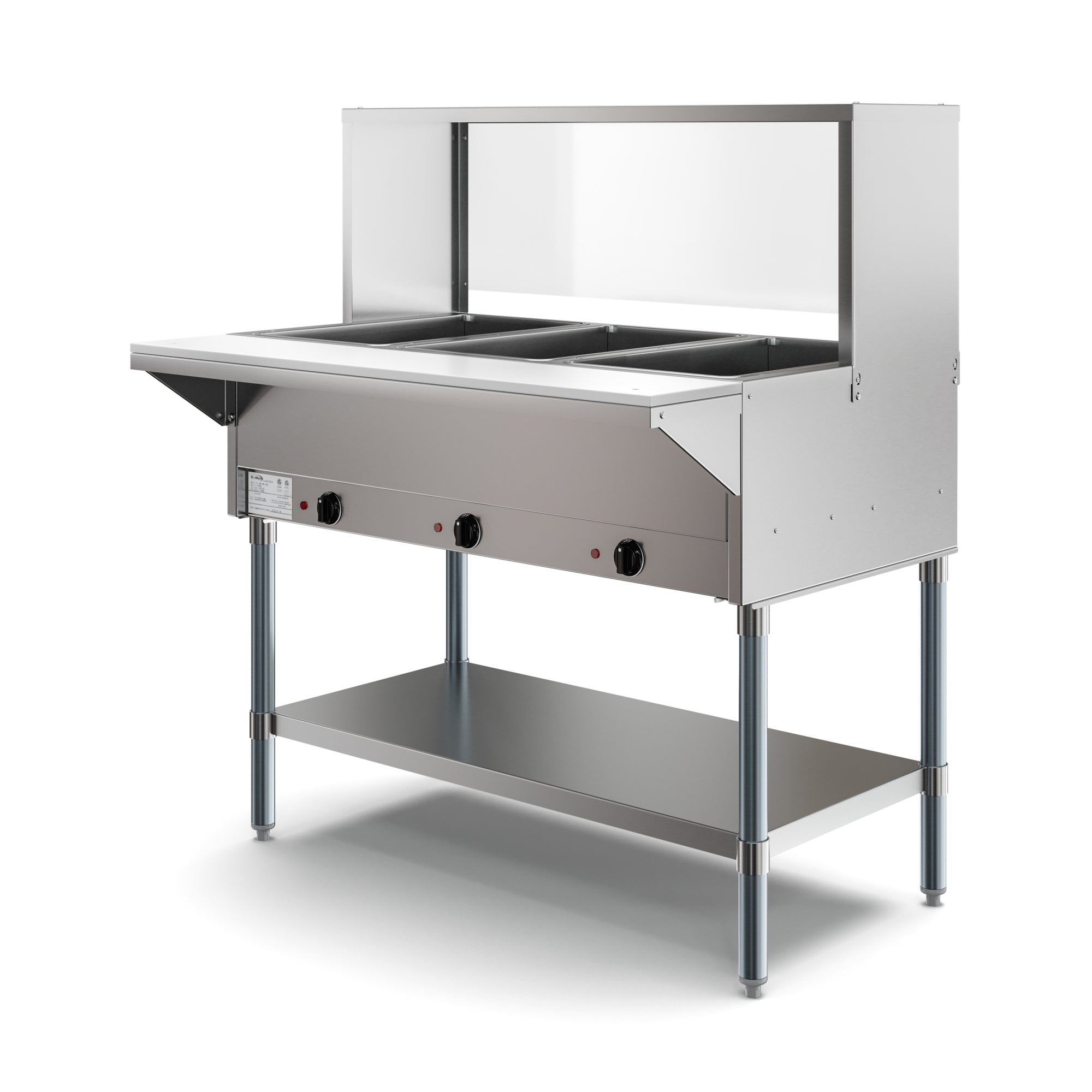 Three Pan Open Well Electric Steam Table with Undershelf and Sneeze-Guard
