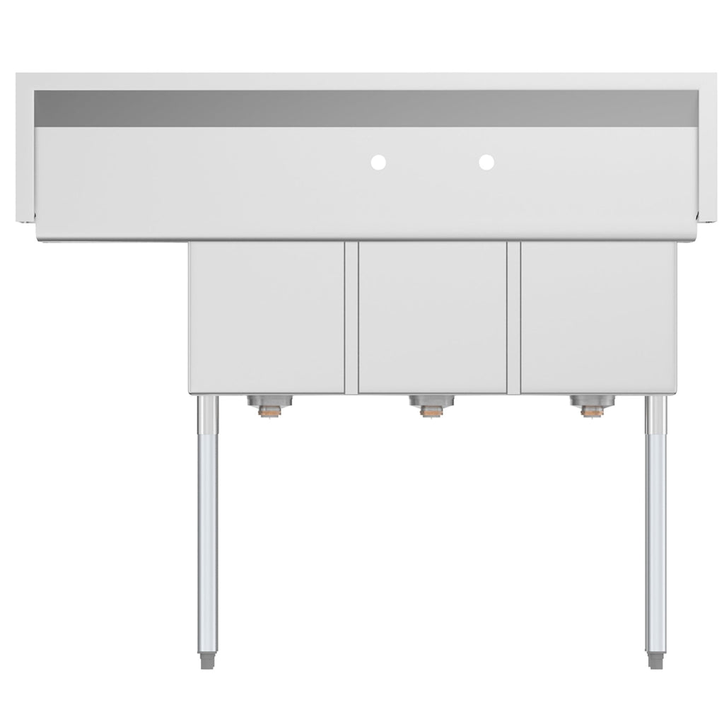 51 in. Three Compartment Stainless Steel Commercial Sink with Drainboard, Bowl Size 12"x 16"x 10"