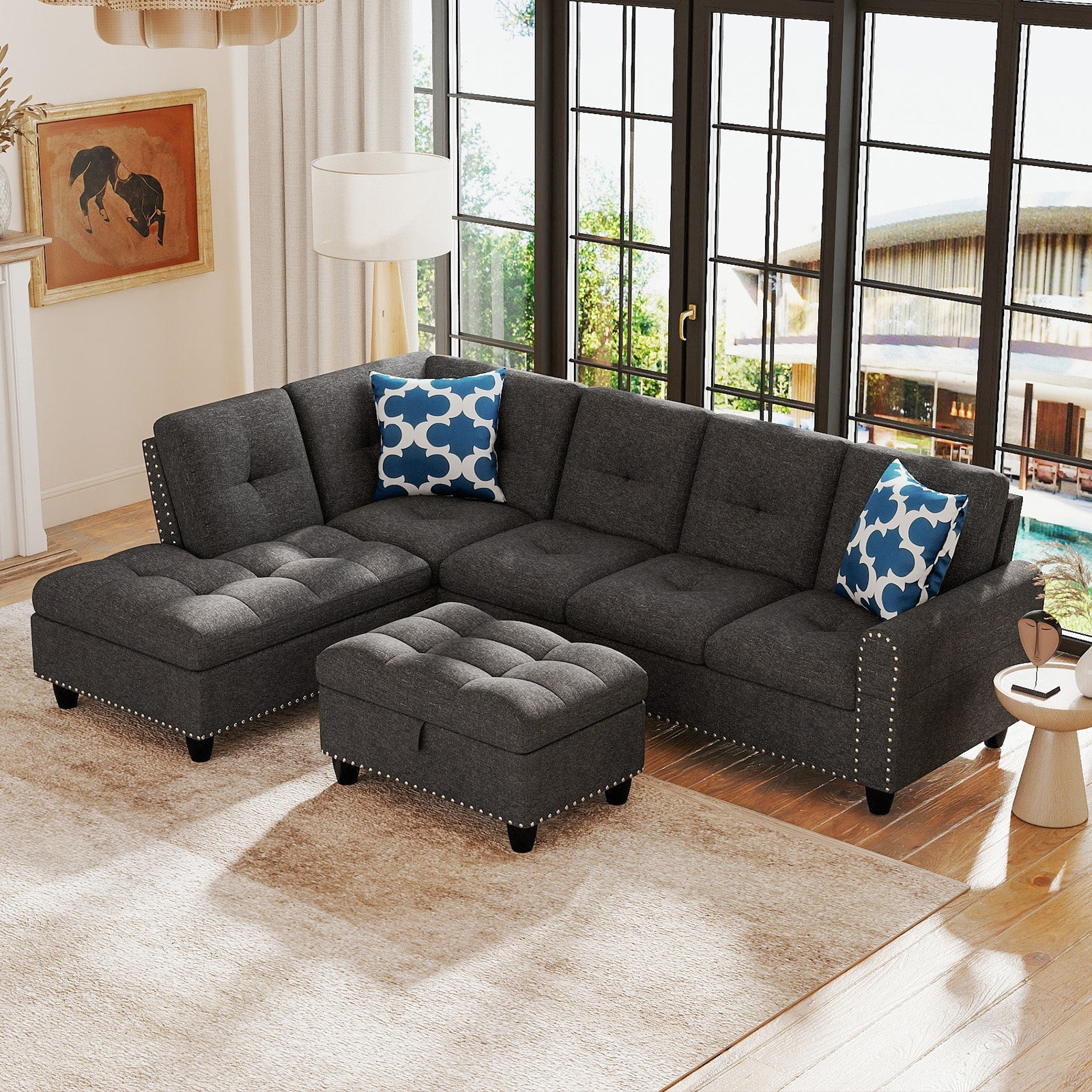 Costway 98" Sectional Sofa Couch w/ Movable Storage Ottoman Linen Fabric 95992453 New