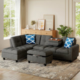 Costway 98" Sectional Sofa Couch w/ Movable Storage Ottoman Linen Fabric 95992453 New