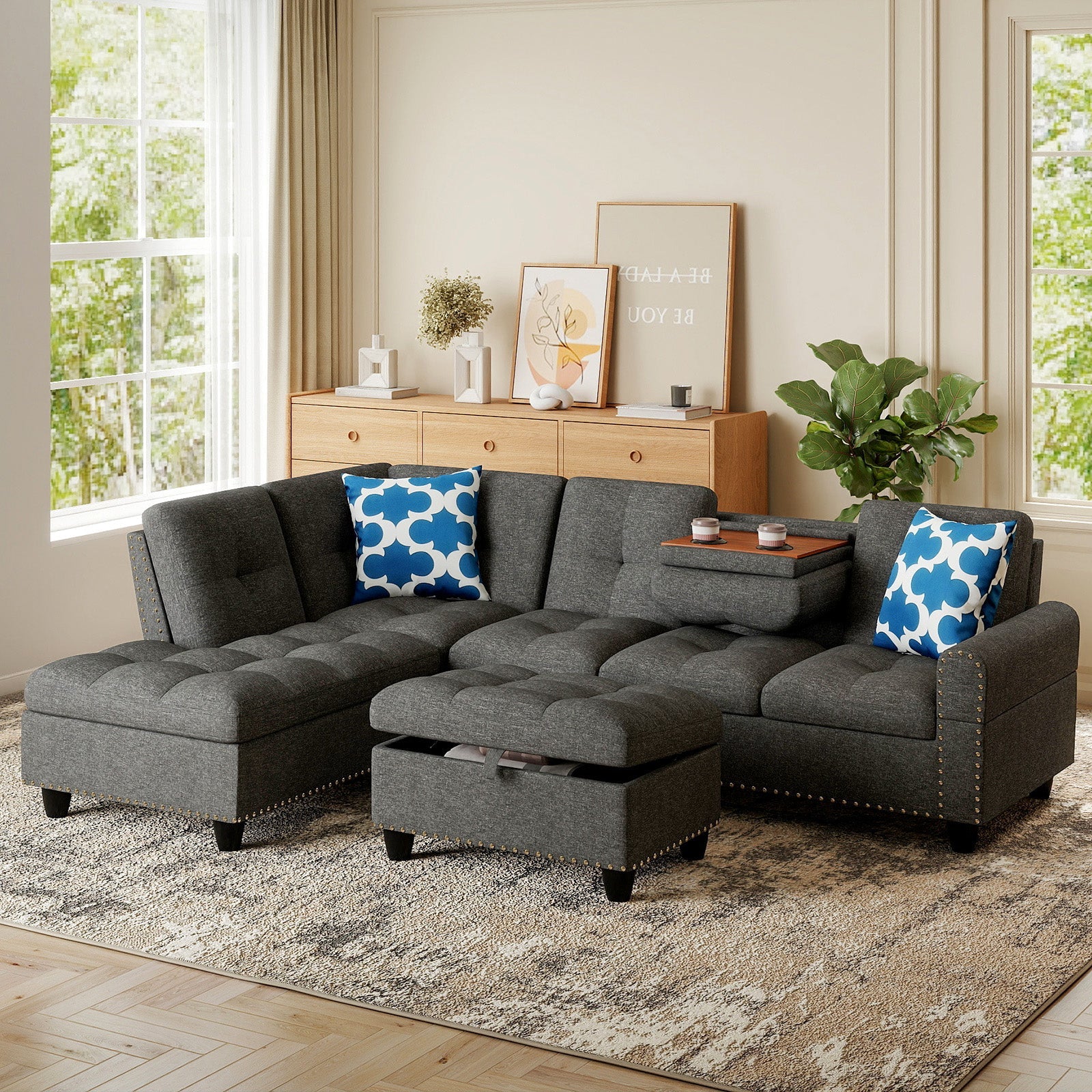 Costway 98" Sectional Sofa Couch w/ Movable Storage Ottoman Linen Fabric 95992453 New