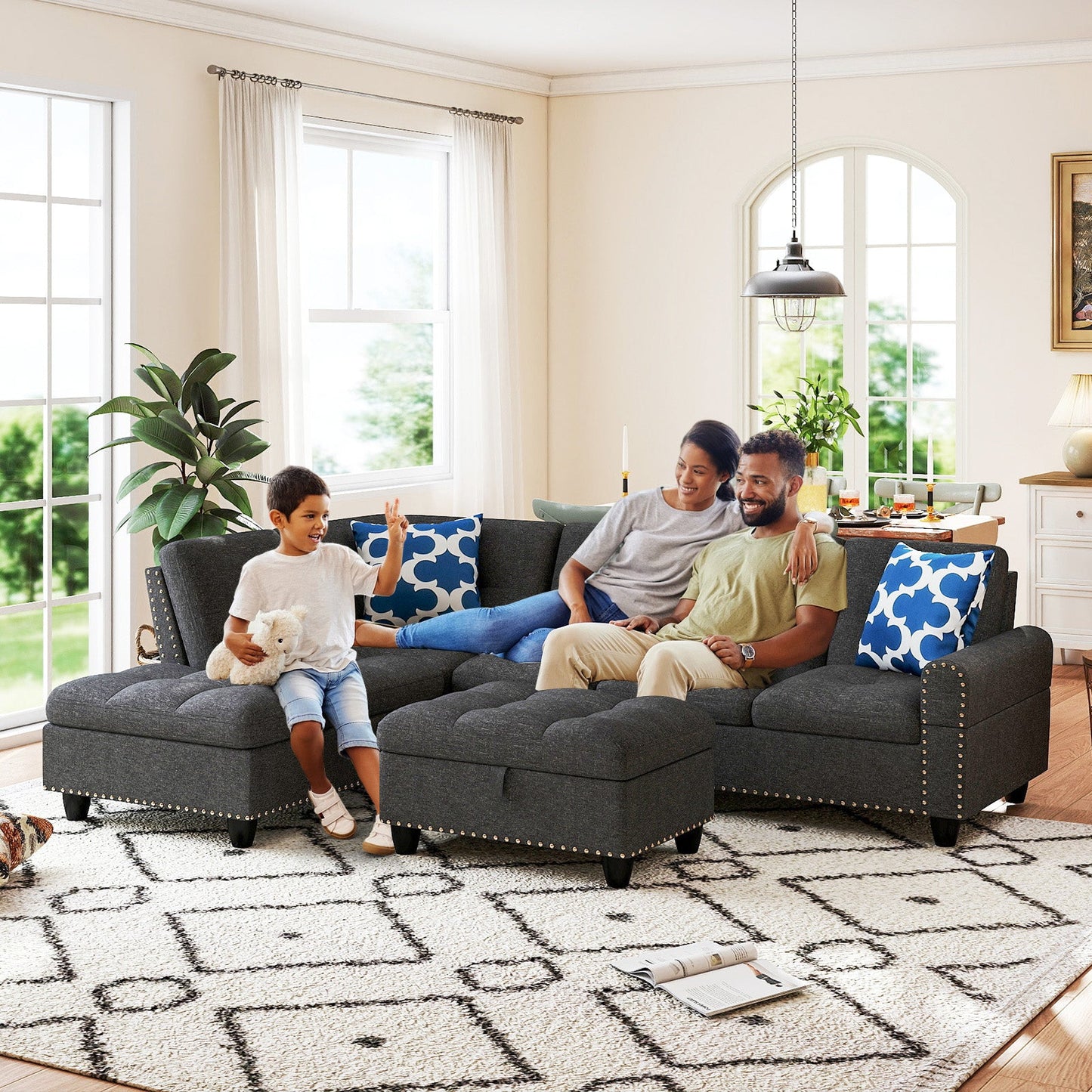 Costway 98" Sectional Sofa Couch w/ Movable Storage Ottoman Linen Fabric 95992453 New