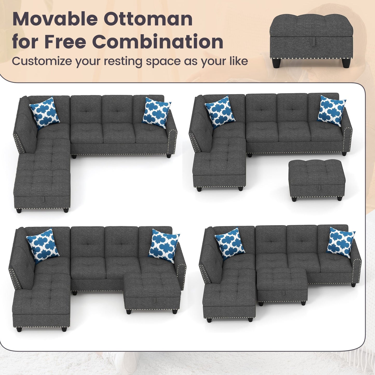 Costway 98" Sectional Sofa Couch w/ Movable Storage Ottoman Linen Fabric 95992453 New