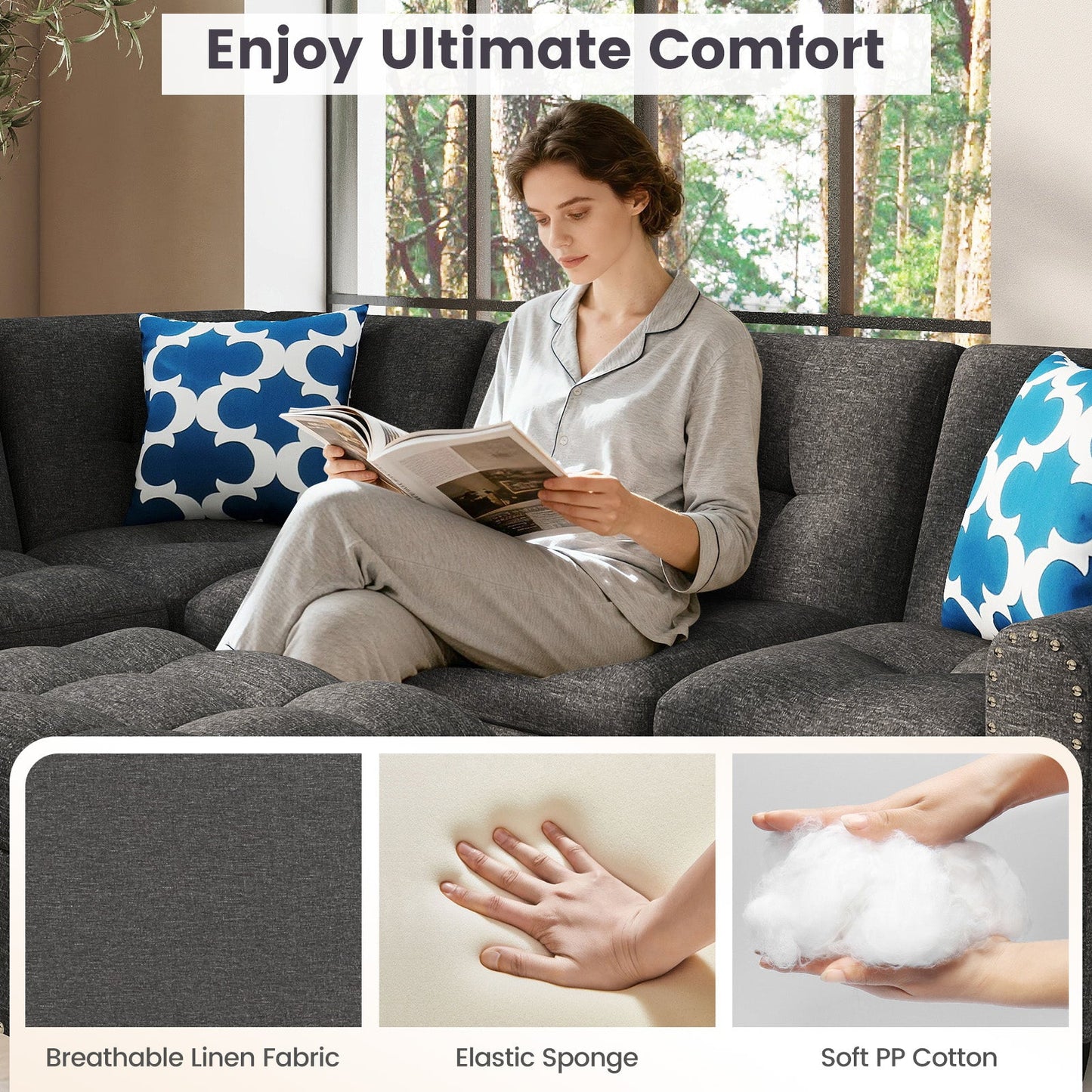 Costway 98" Sectional Sofa Couch w/ Movable Storage Ottoman Linen Fabric 95992453 New