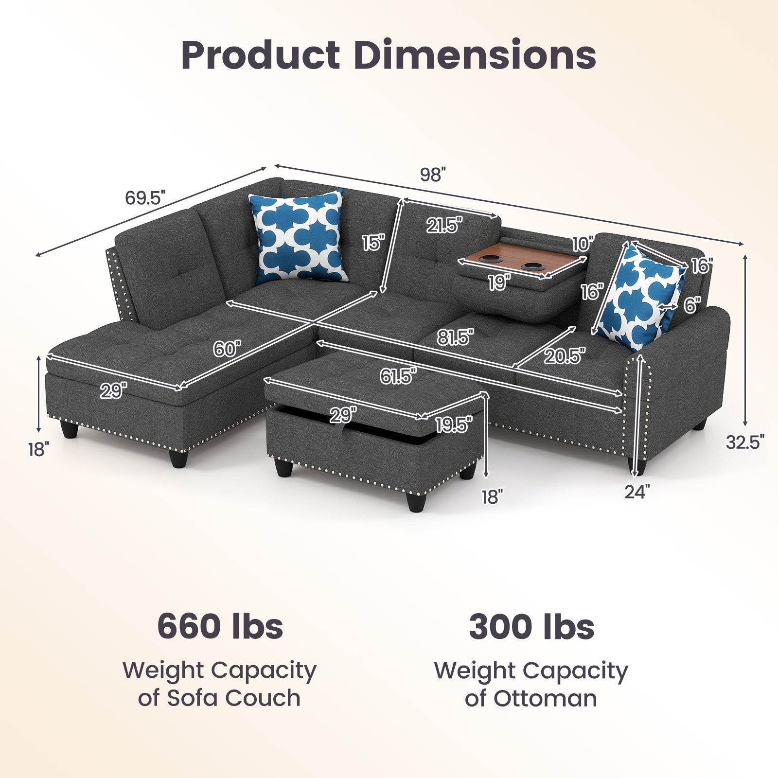 Costway 98" Sectional Sofa Couch w/ Movable Storage Ottoman Linen Fabric 95992453 New