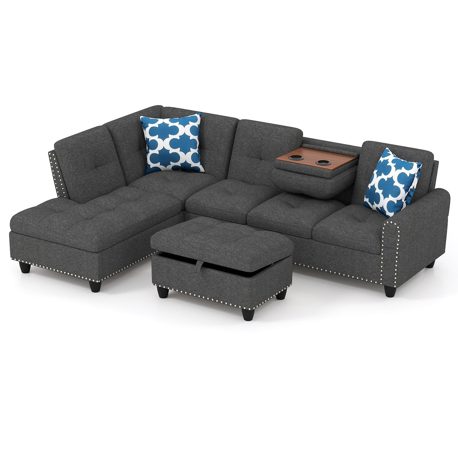 Costway 98" Sectional Sofa Couch w/ Movable Storage Ottoman Linen Fabric 95992453 New