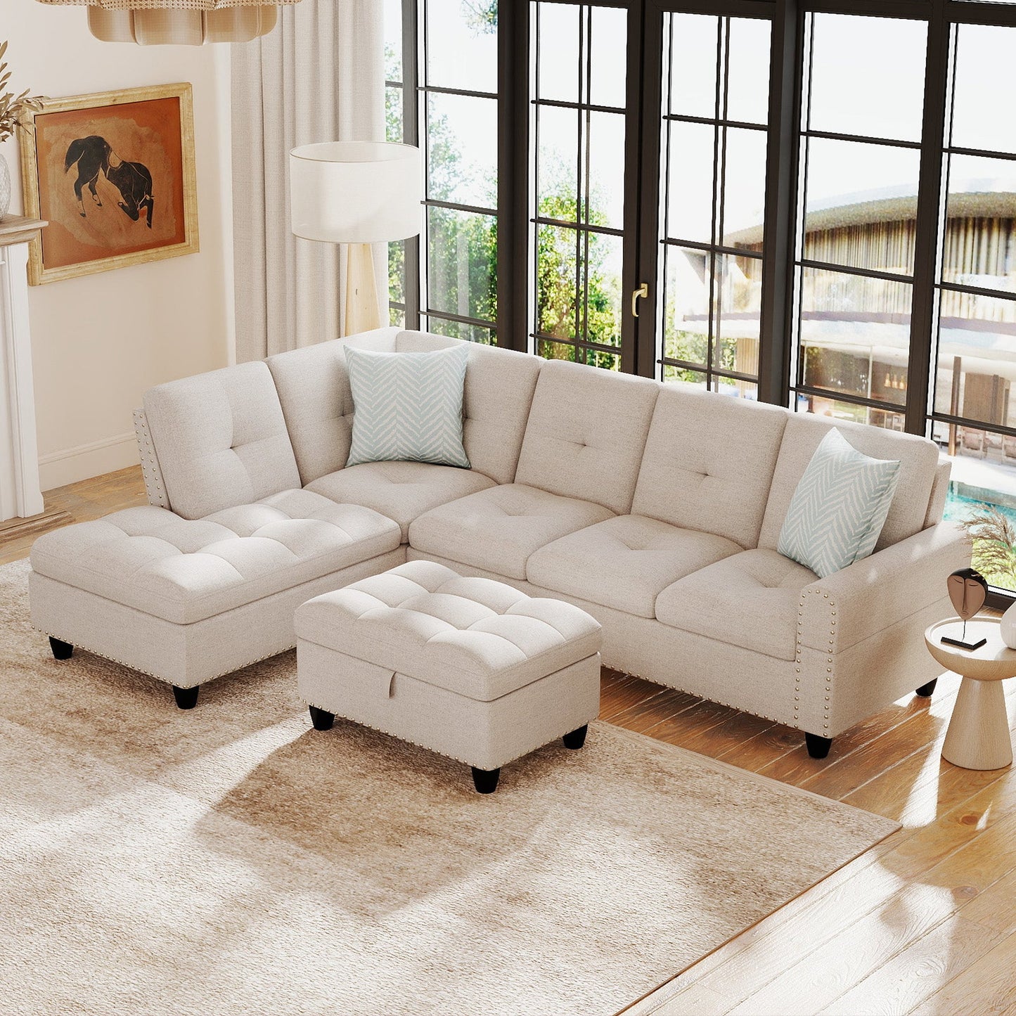 Costway 98" Sectional Sofa Couch w/ Movable Storage Ottoman Linen Fabric 95992453 New