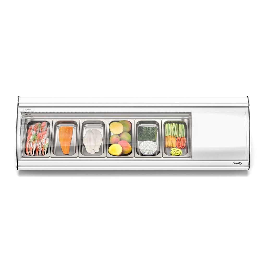 60 in. Glass Sushi Countertop Display Refrigerator with 6 Stainless Steel Trays in White