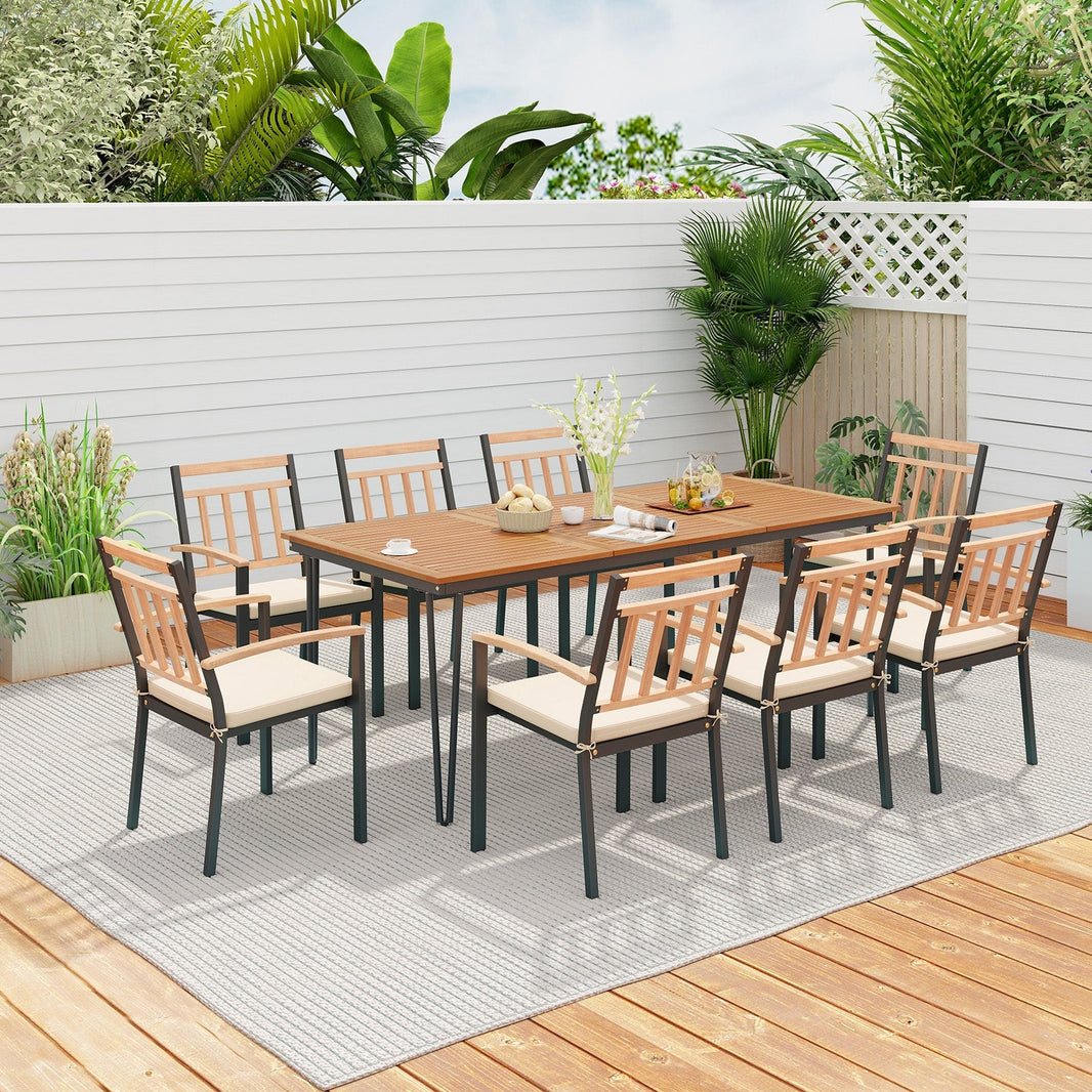 Costway 9-Piece Patio Dining Set Acacia Wood Table w/ Umbrella Hole 24" Wide Chairs 79632851 New