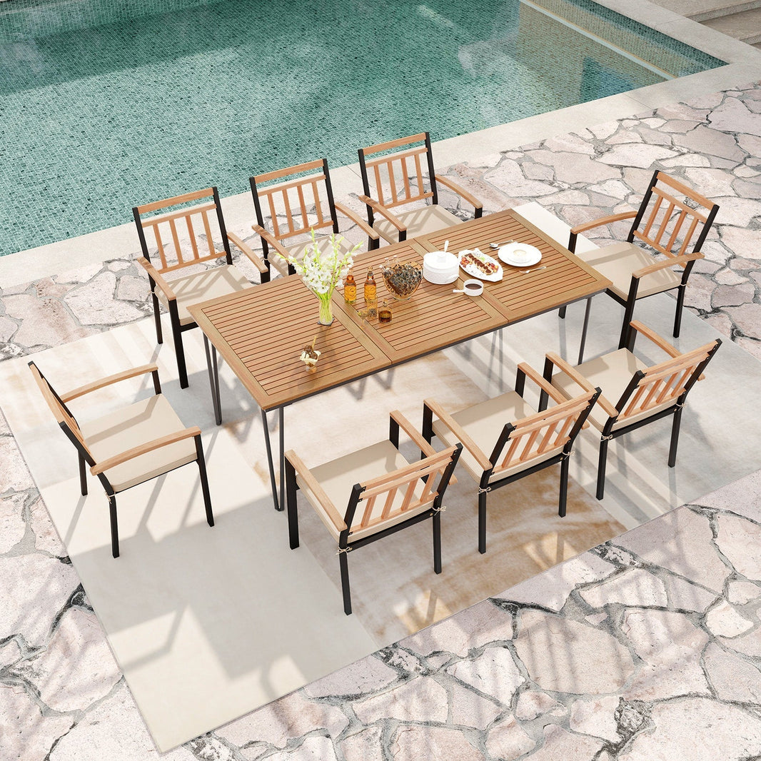 Costway 9-Piece Patio Dining Set Acacia Wood Table w/ Umbrella Hole 24" Wide Chairs 79632851 New
