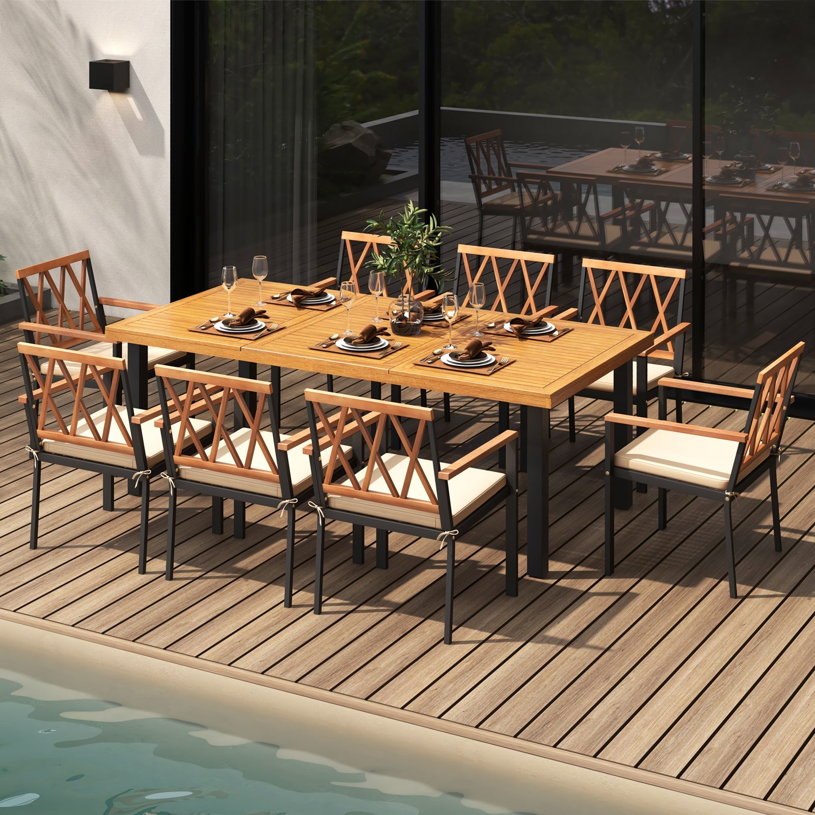 Costway 9-Piece Patio Dining Set Acacia Wood Table w/ Umbrella Hole Wide Chairs 51384697 New