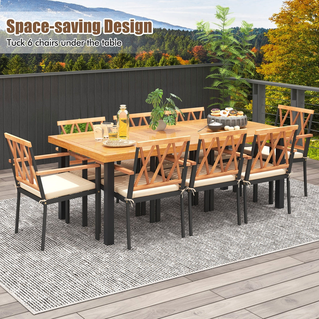 Costway 9-Piece Patio Dining Set Acacia Wood Table w/ Umbrella Hole Wide Chairs 51384697 New