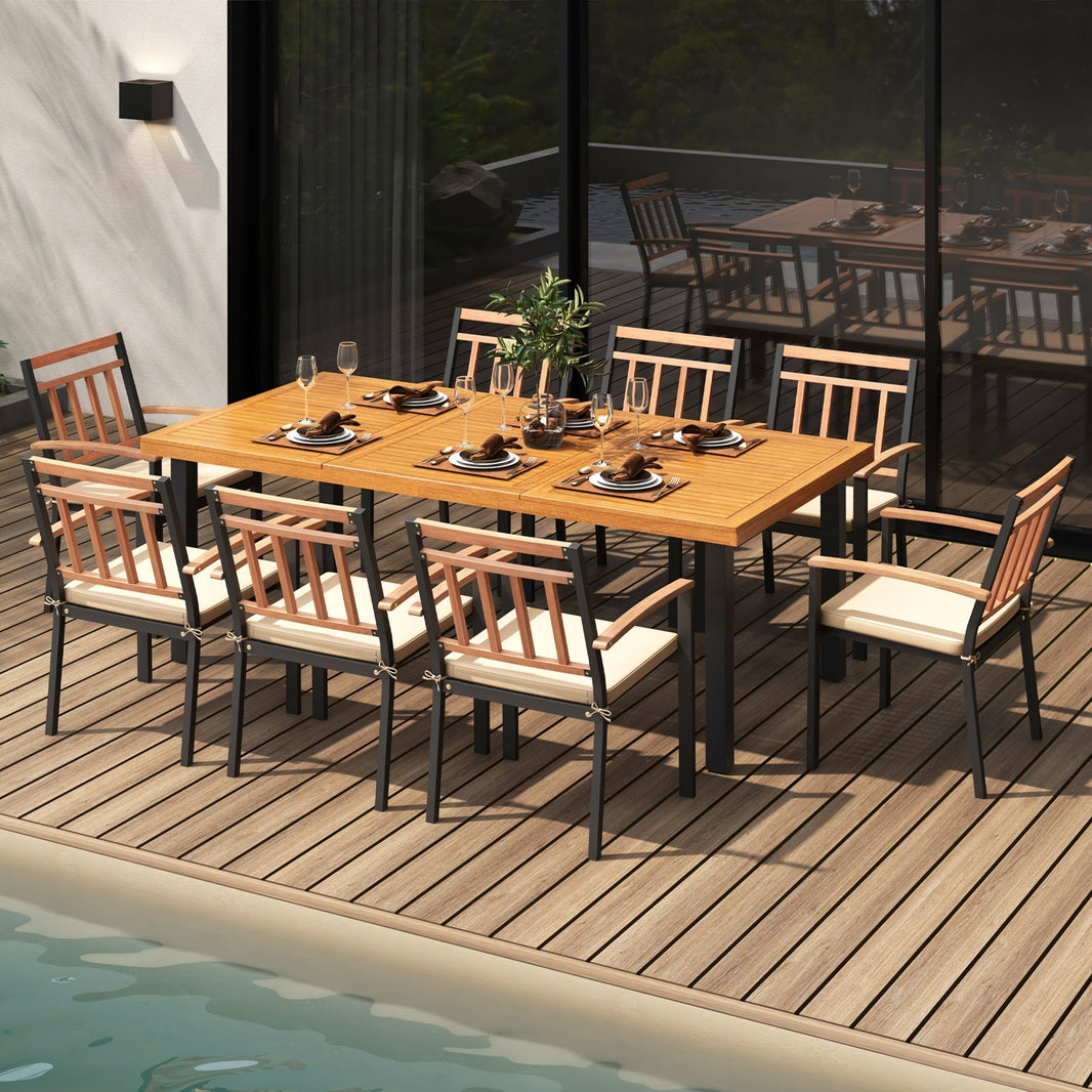 Costway 9-Pc Patio Dining Set Acacia Wood Table Umbrella Hole 24" Wide Chairs 46587319 New