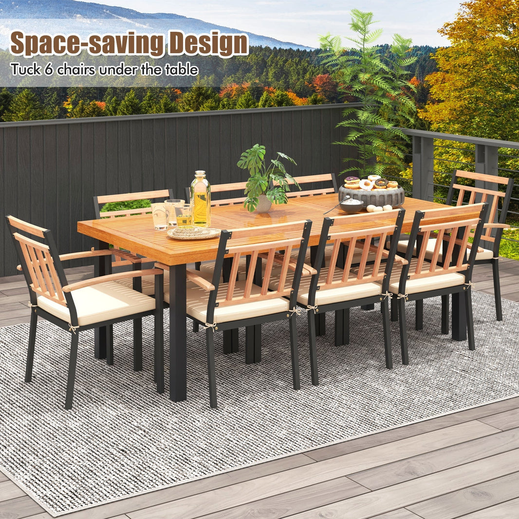 Costway 9-Pc Patio Dining Set Acacia Wood Table Umbrella Hole 24" Wide Chairs 46587319 New