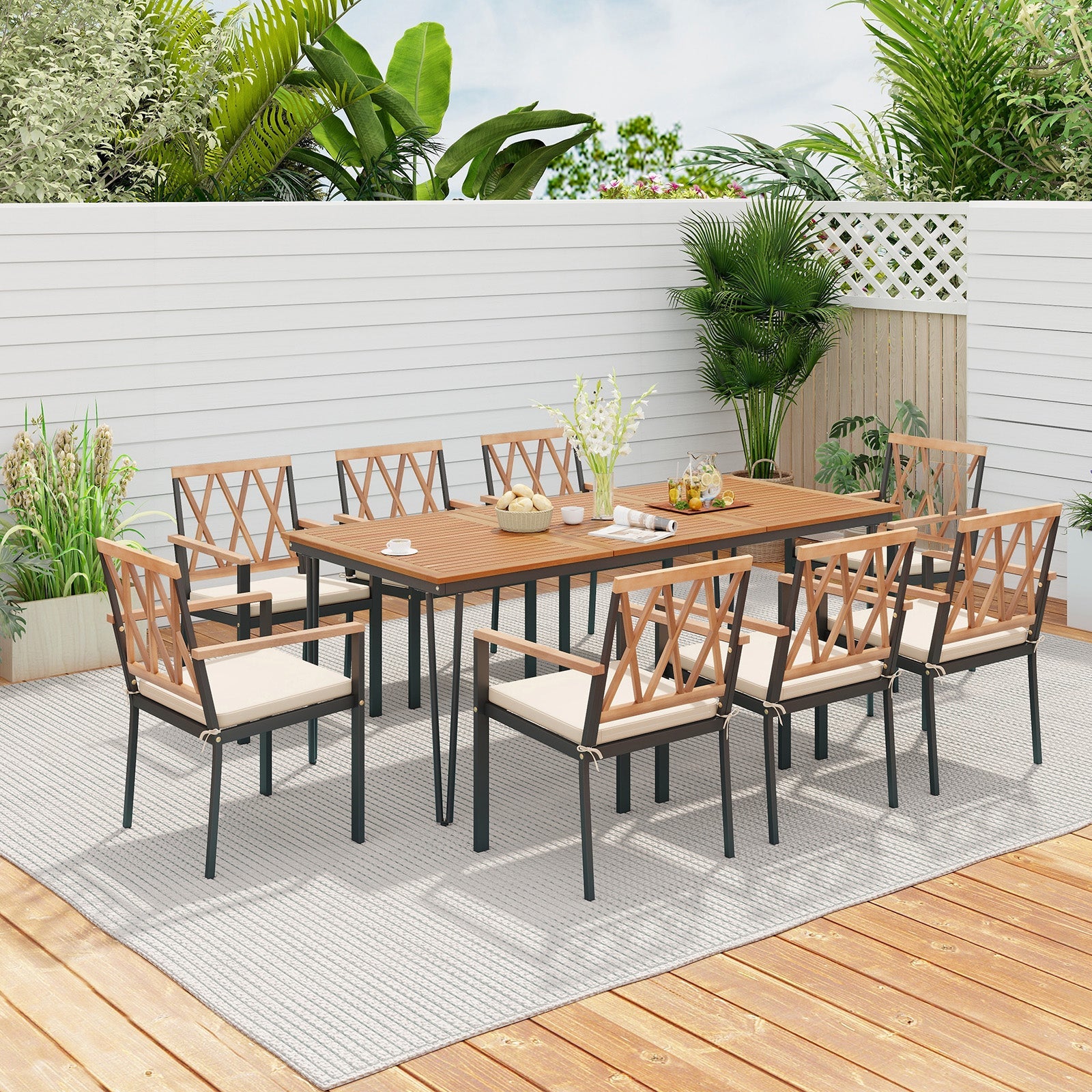 Costway 9-Piece Patio Dining Set Acacia Wood Table w/ Umbrella Hole 22.5" Wide Chairs 51832794 New