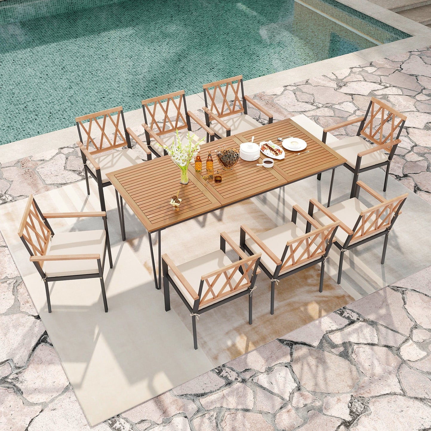 Costway 9-Piece Patio Dining Set Acacia Wood Table w/ Umbrella Hole 22.5" Wide Chairs 51832794 New