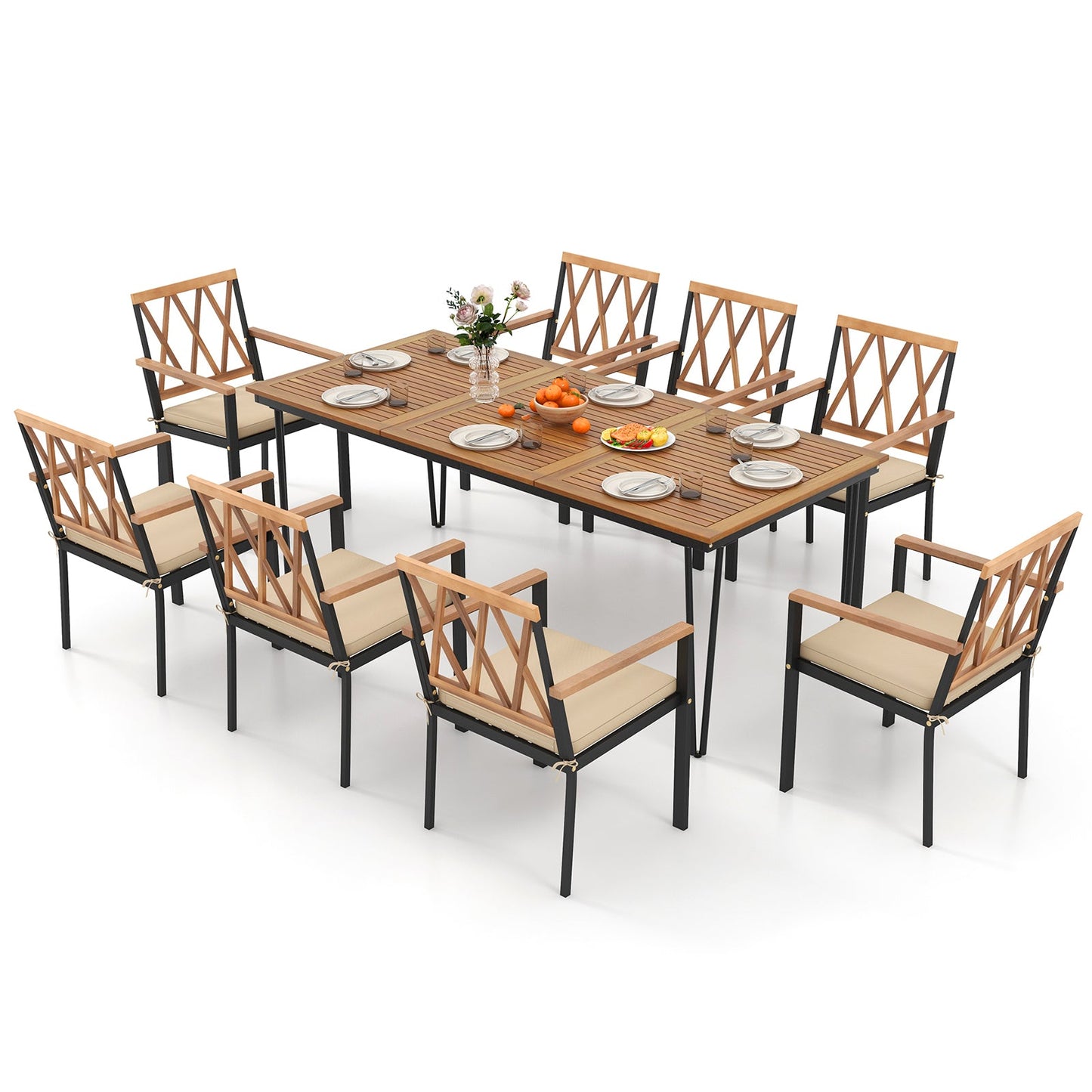Costway 9-Piece Patio Dining Set Acacia Wood Table w/ Umbrella Hole 22.5" Wide Chairs 51832794 New