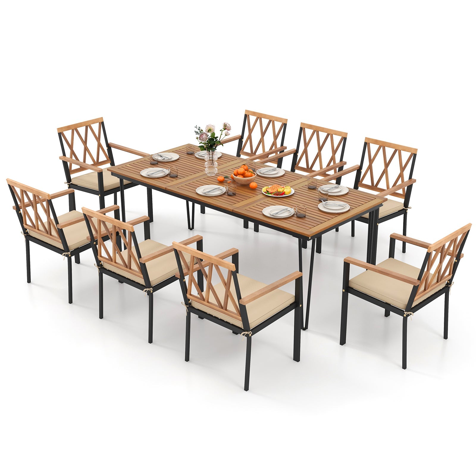 Costway 9-Piece Patio Dining Set Acacia Wood Table w/ Umbrella Hole 22.5" Wide Chairs 51832794 New