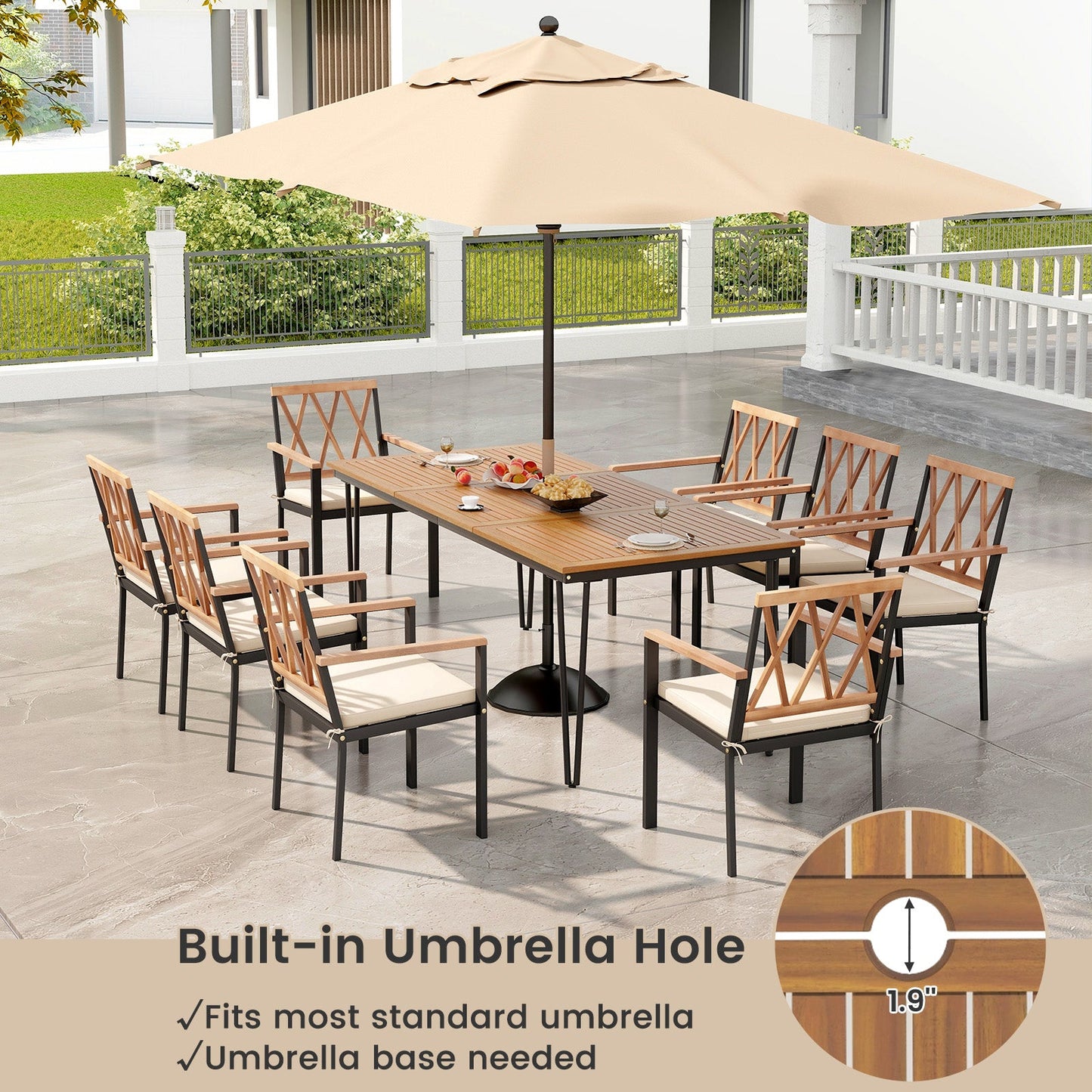 Costway 9-Piece Patio Dining Set Acacia Wood Table w/ Umbrella Hole 22.5" Wide Chairs 51832794 New