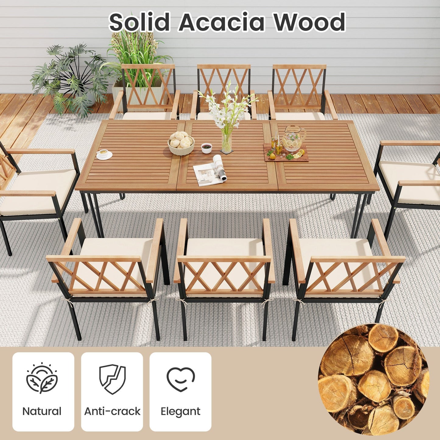 Costway 9-Piece Patio Dining Set Acacia Wood Table w/ Umbrella Hole 22.5" Wide Chairs 51832794 New