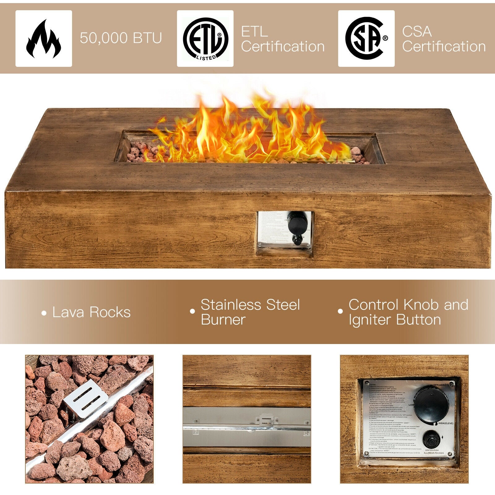 Costway 48 x 27" Outdoor Gas Fire Pit Table 50,000 BTU Lava Rocks Cover 43751268 New