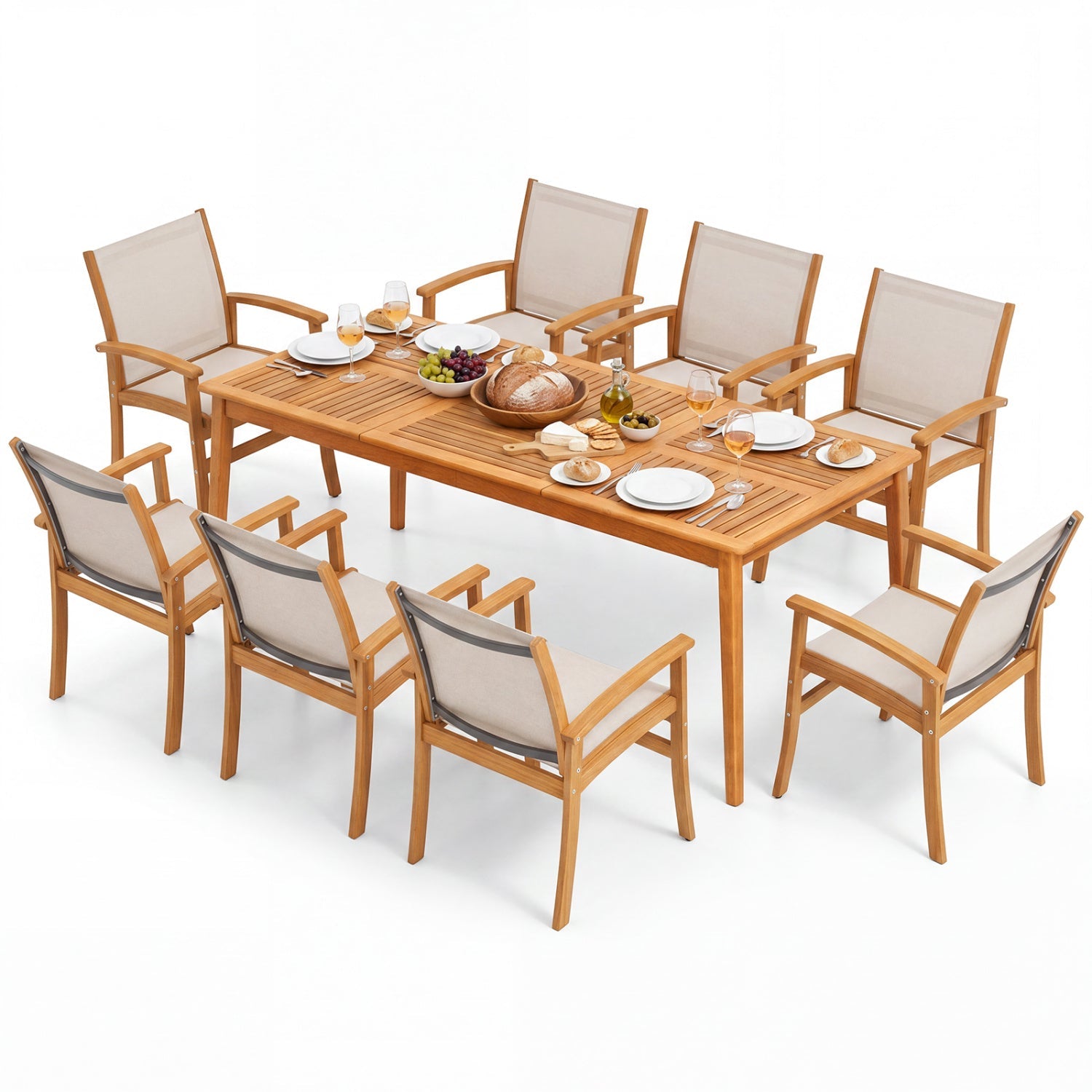 Costway 9-Piece Acacia Wood Outdoor Patio Dining Set 80" Rectangular Table Fabric Armchairs 89230143 New