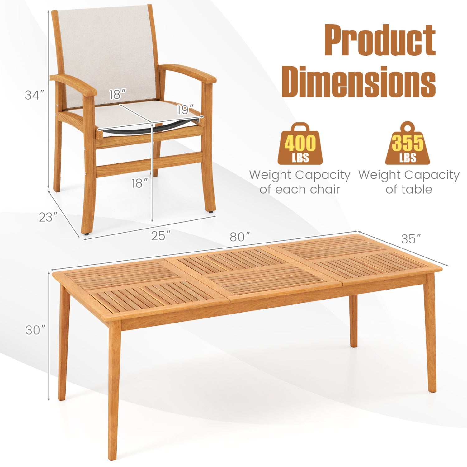Costway 9-Piece Acacia Wood Outdoor Patio Dining Set 80" Rectangular Table Fabric Armchairs 89230143 New