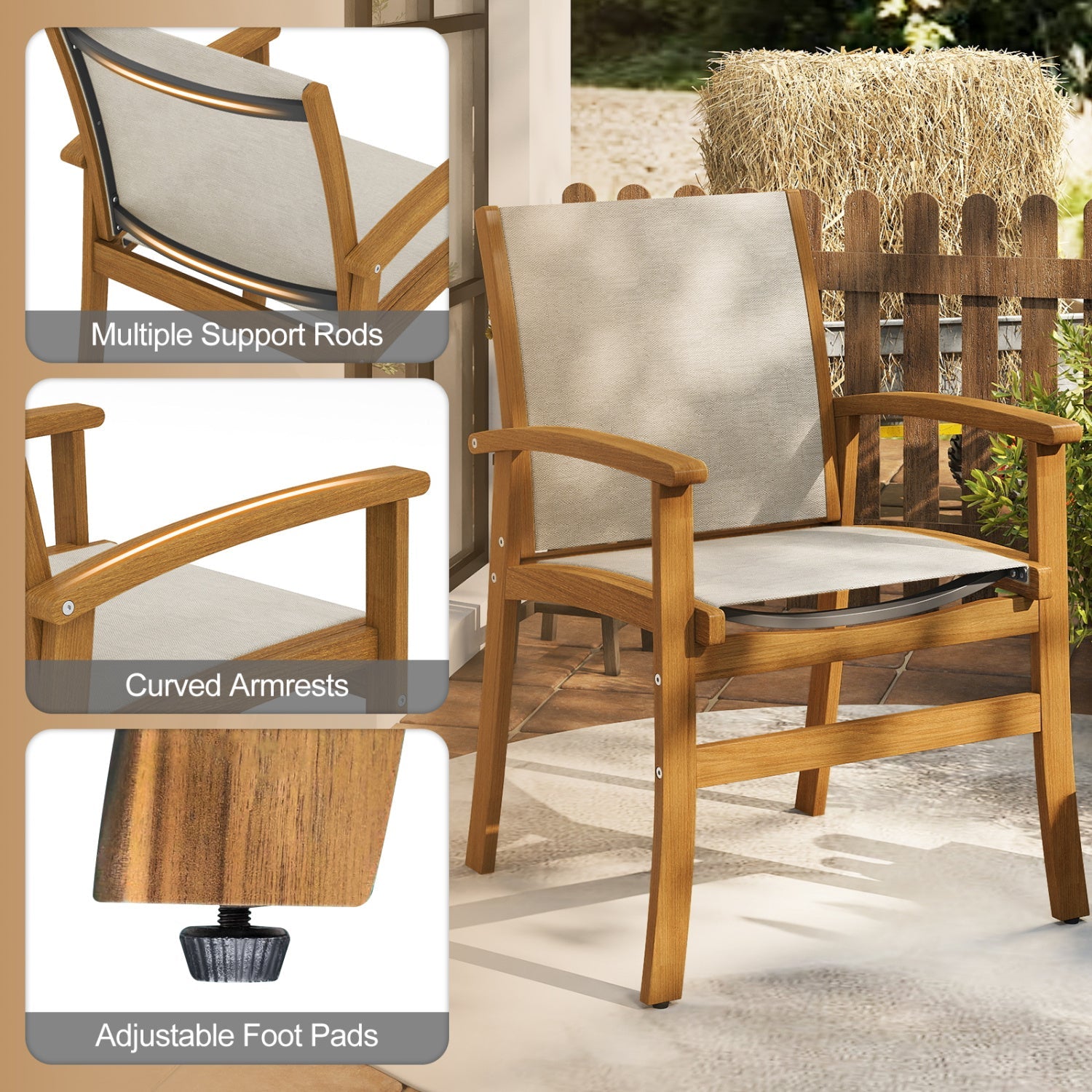 Costway 9-Piece Acacia Wood Outdoor Patio Dining Set 80" Rectangular Table Fabric Armchairs 89230143 New