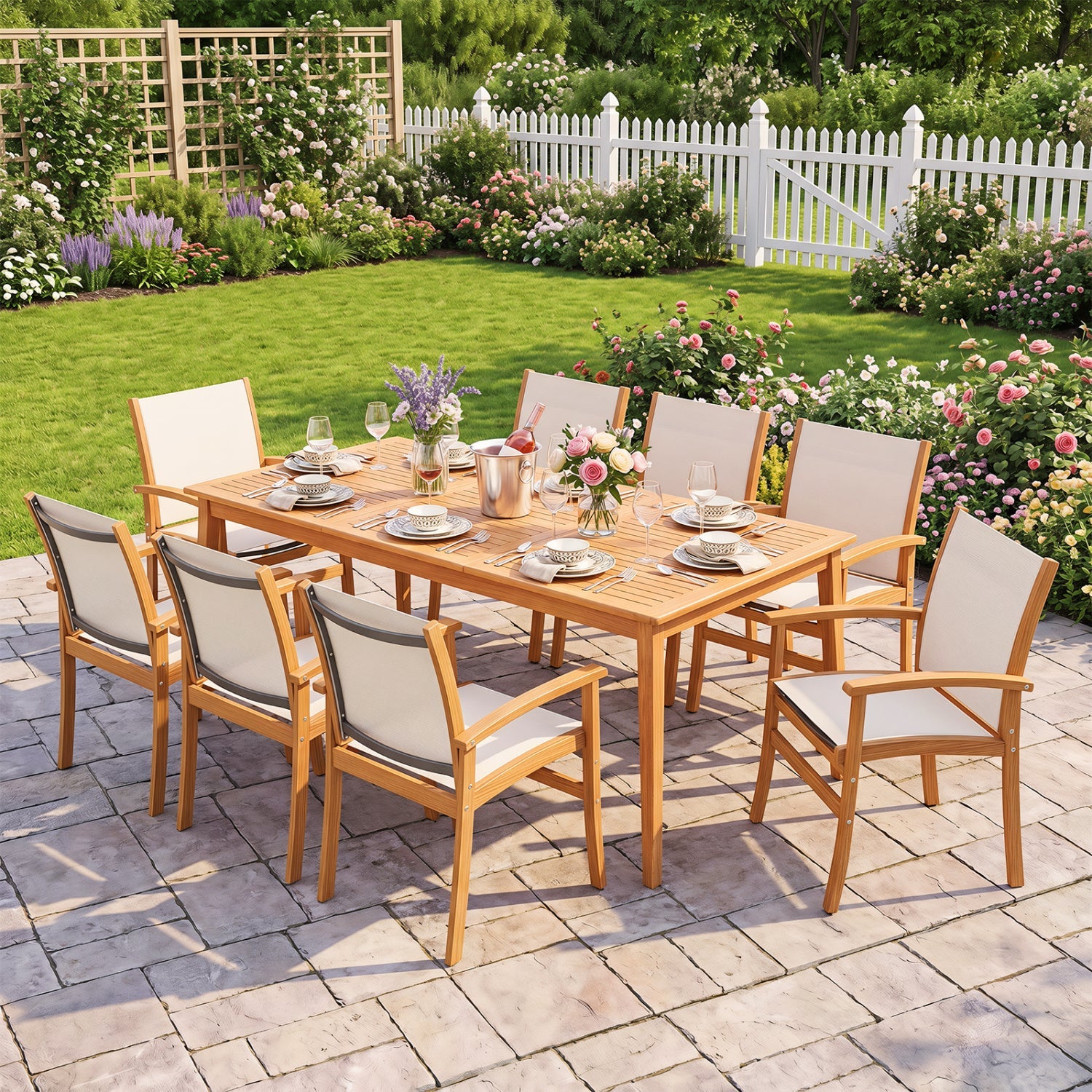 Costway 9-Piece Acacia Wood Outdoor Patio Dining Set 80" Rectangular Table Fabric Armchairs 89230143 New