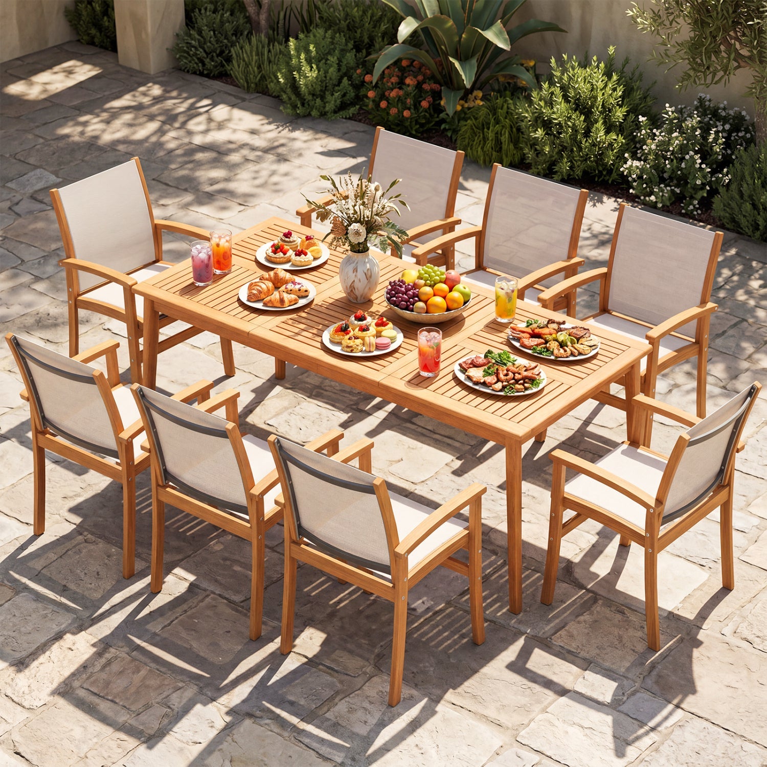 Costway 9-Piece Acacia Wood Outdoor Patio Dining Set 80" Rectangular Table Fabric Armchairs 89230143 New